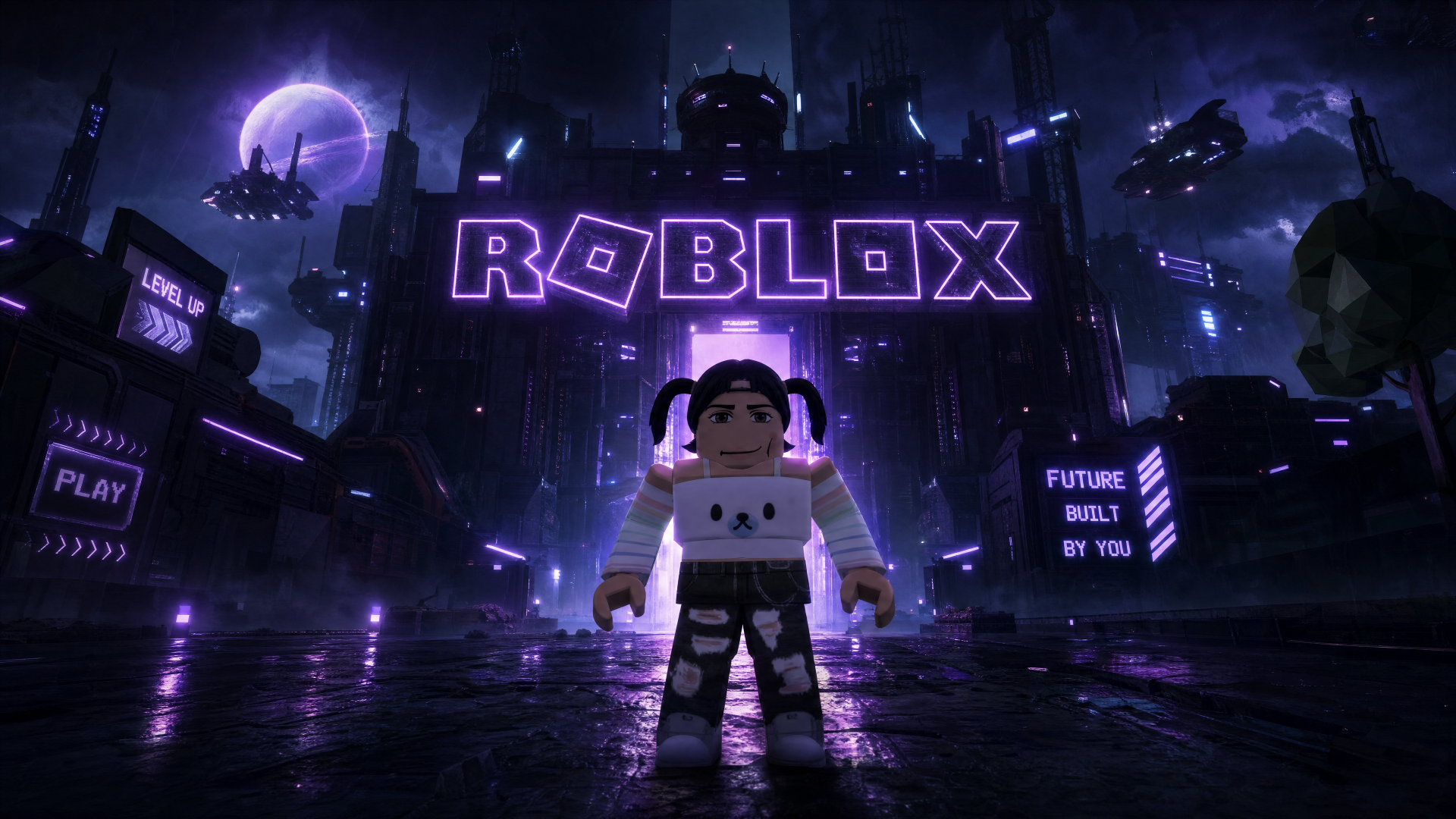 Roblox 4K Ultra HD PC desktop wallpaper and background: purple neon futuristic city with blocky avatar standing beneath a glowing ROBLOX sign.