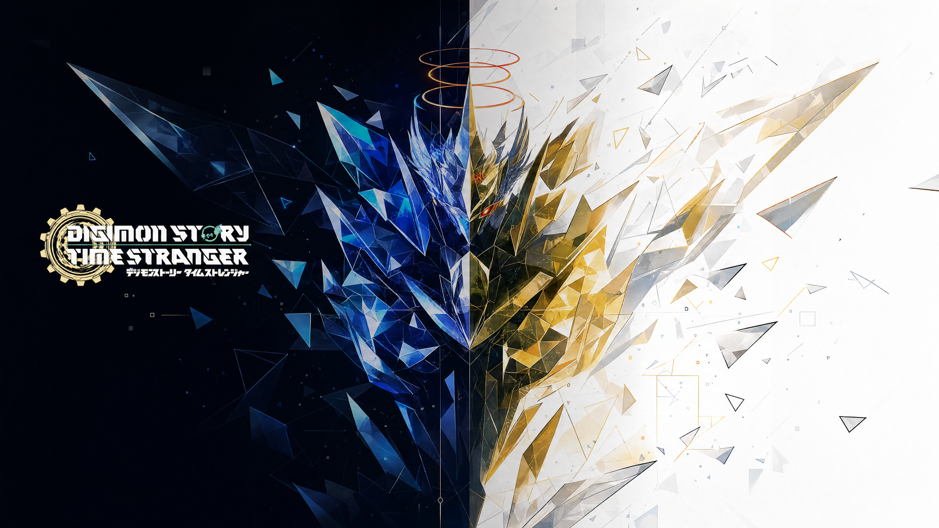 Digimon Story Time Stranger 4K Ultra HD PC desktop wallpaper and background: split dark and light crystalline shards form a mirrored Digimon silhouette beside the game logo.
