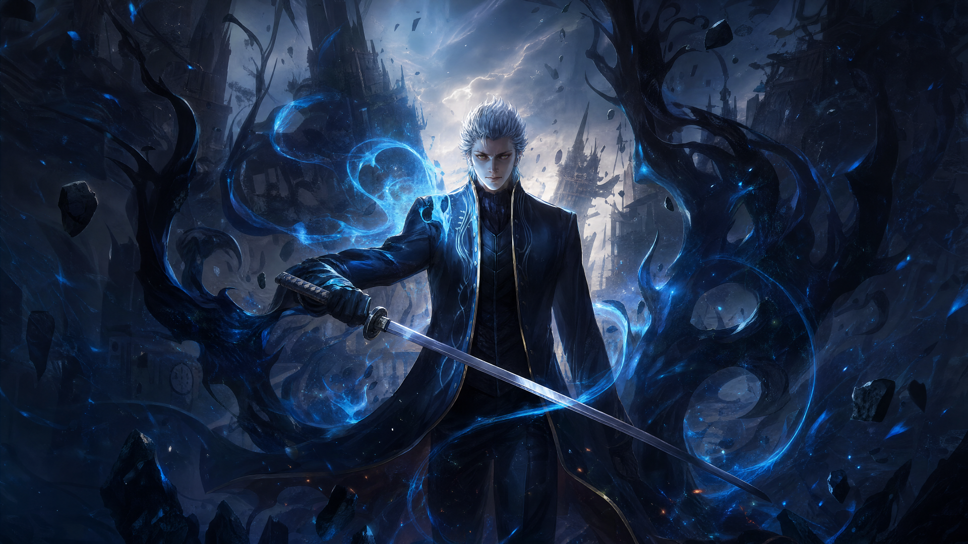 Vergil (Devil May Cry) stands amid swirling dark energy, katana drawn; dramatic 4K Ultra HD PC desktop wallpaper and background.