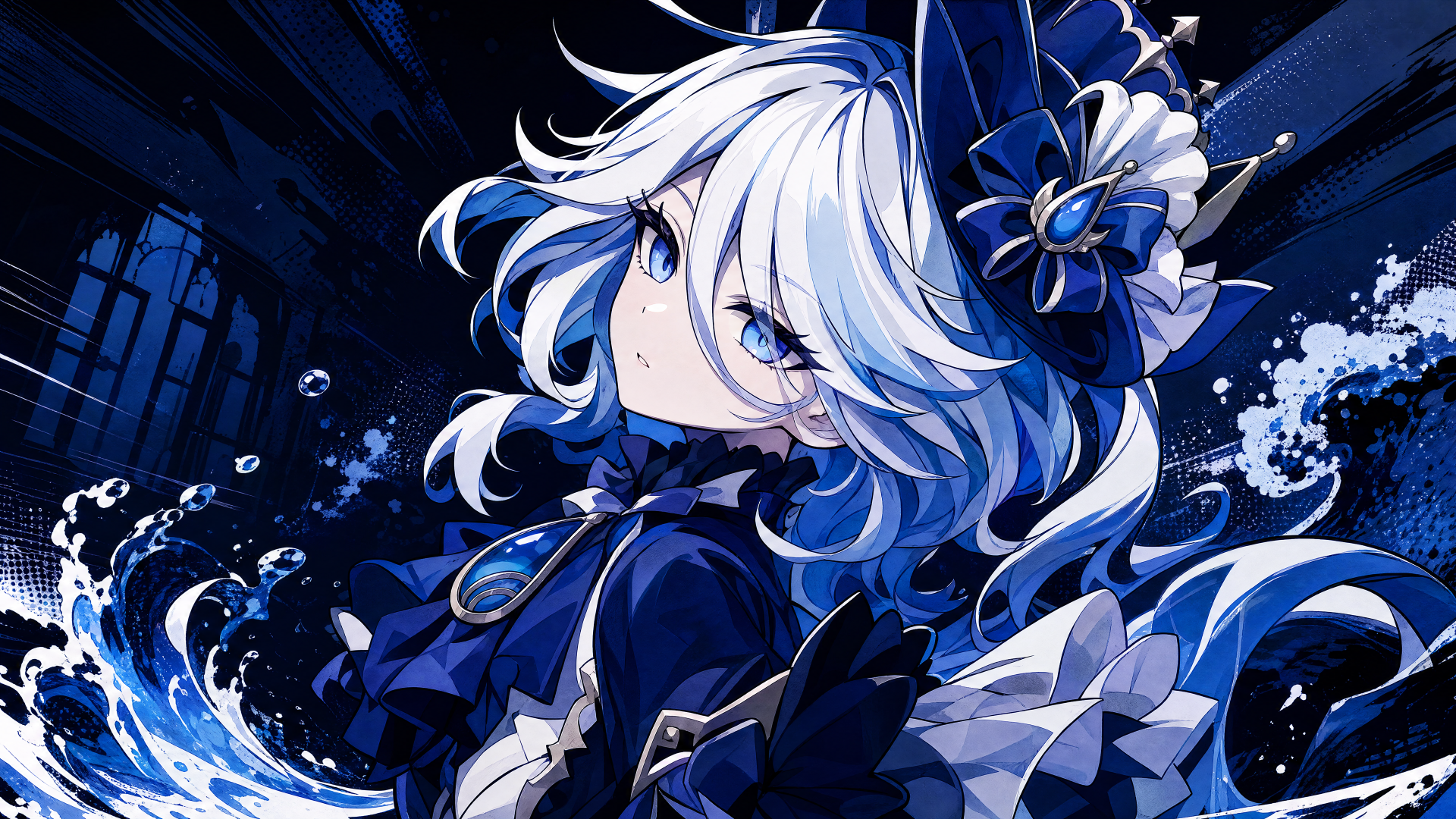 4K Ultra HD PC desktop wallpaper and background of Furina (Genshin Impact): white-haired figure in a flowing blue gown, surrounded by swirling water effects against a dark, starry backdrop.