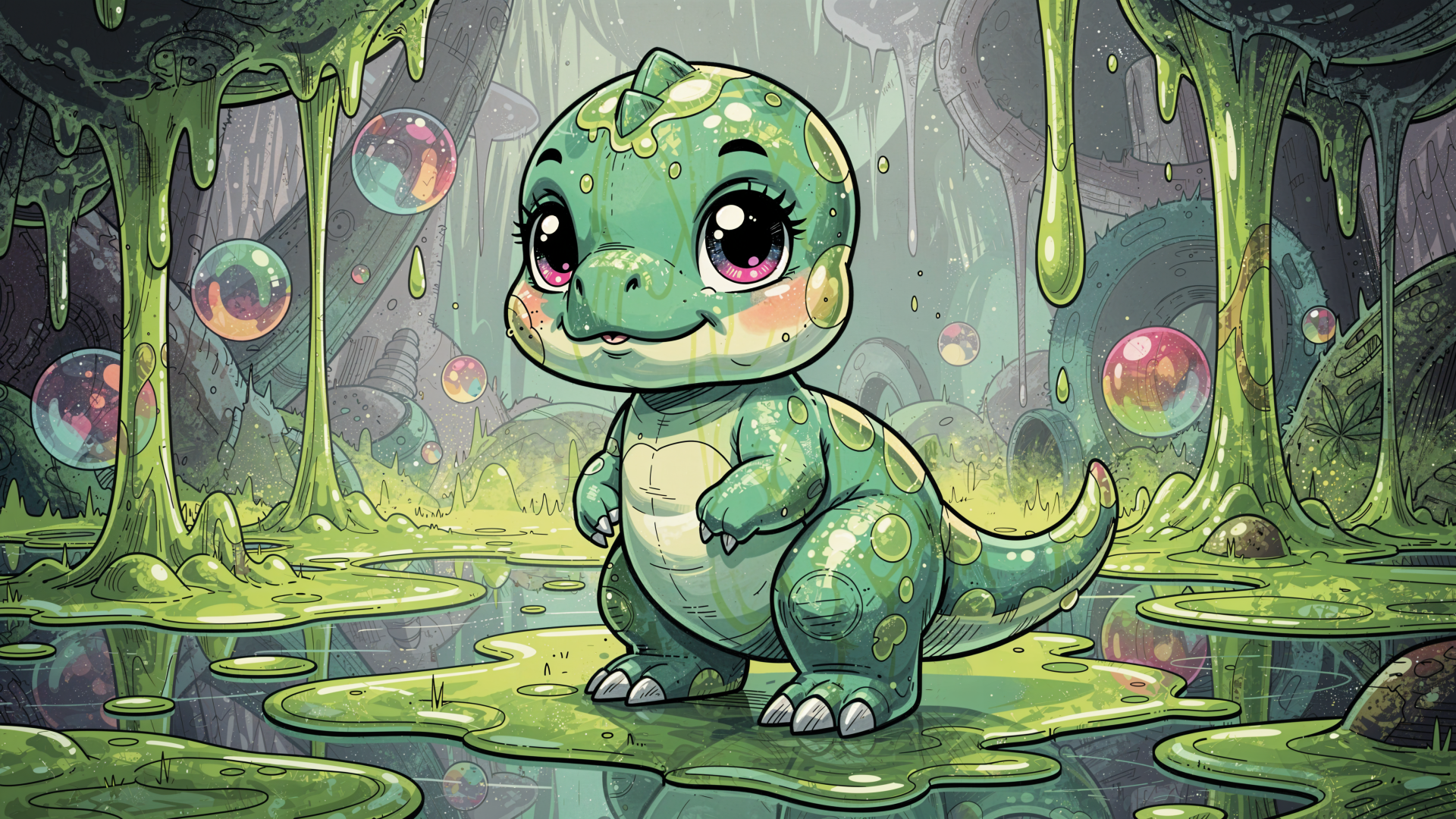 Chubby, wide-eyed baby dinosaur in a glowing, slime-dripping forest with floating bubbles — 4K Ultra HD PC desktop wallpaper background