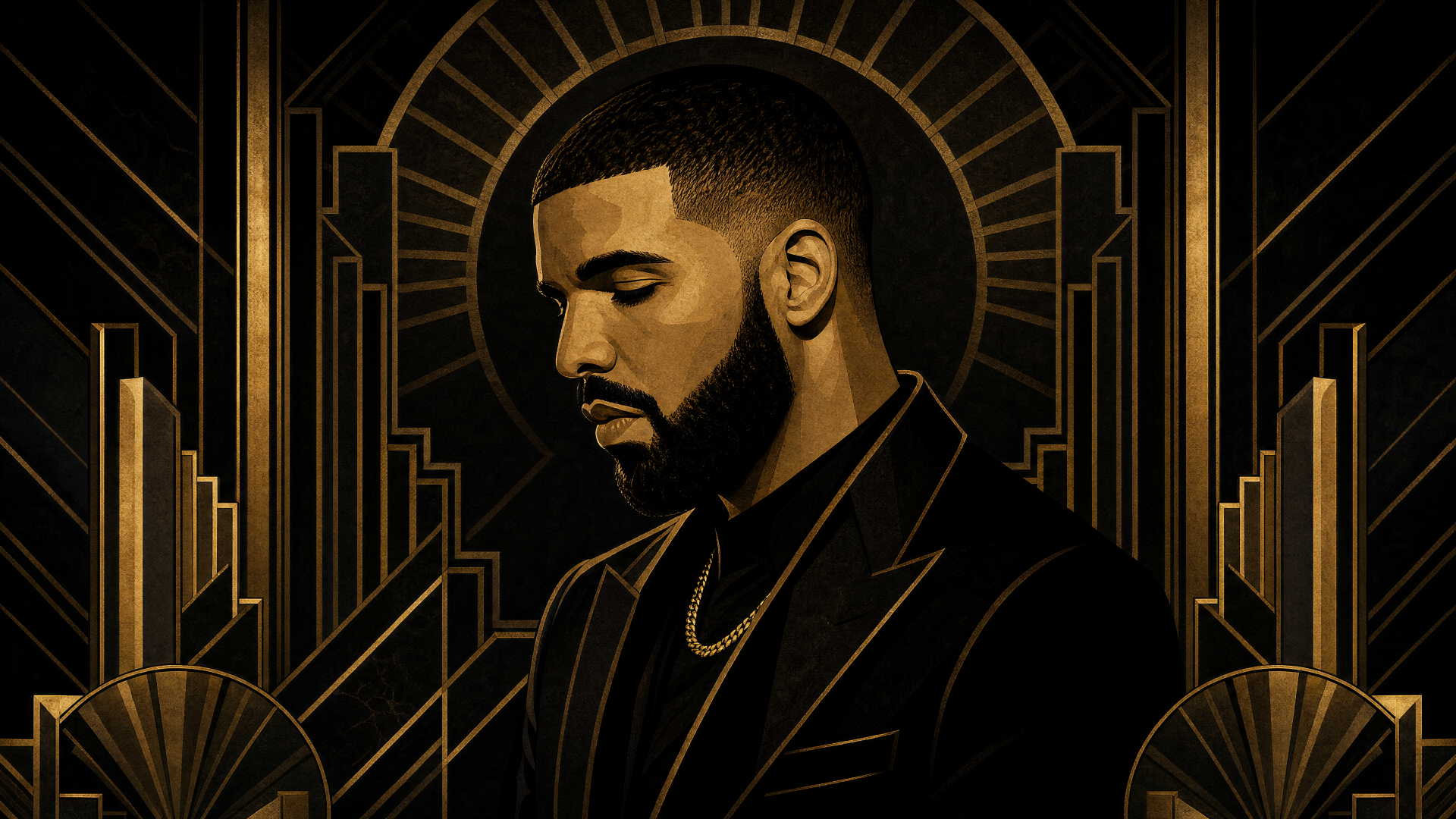 Stylized gold-and-black portrait of a bearded man in a suit with an art-deco geometric halo, 4K Ultra HD PC desktop wallpaper and background.