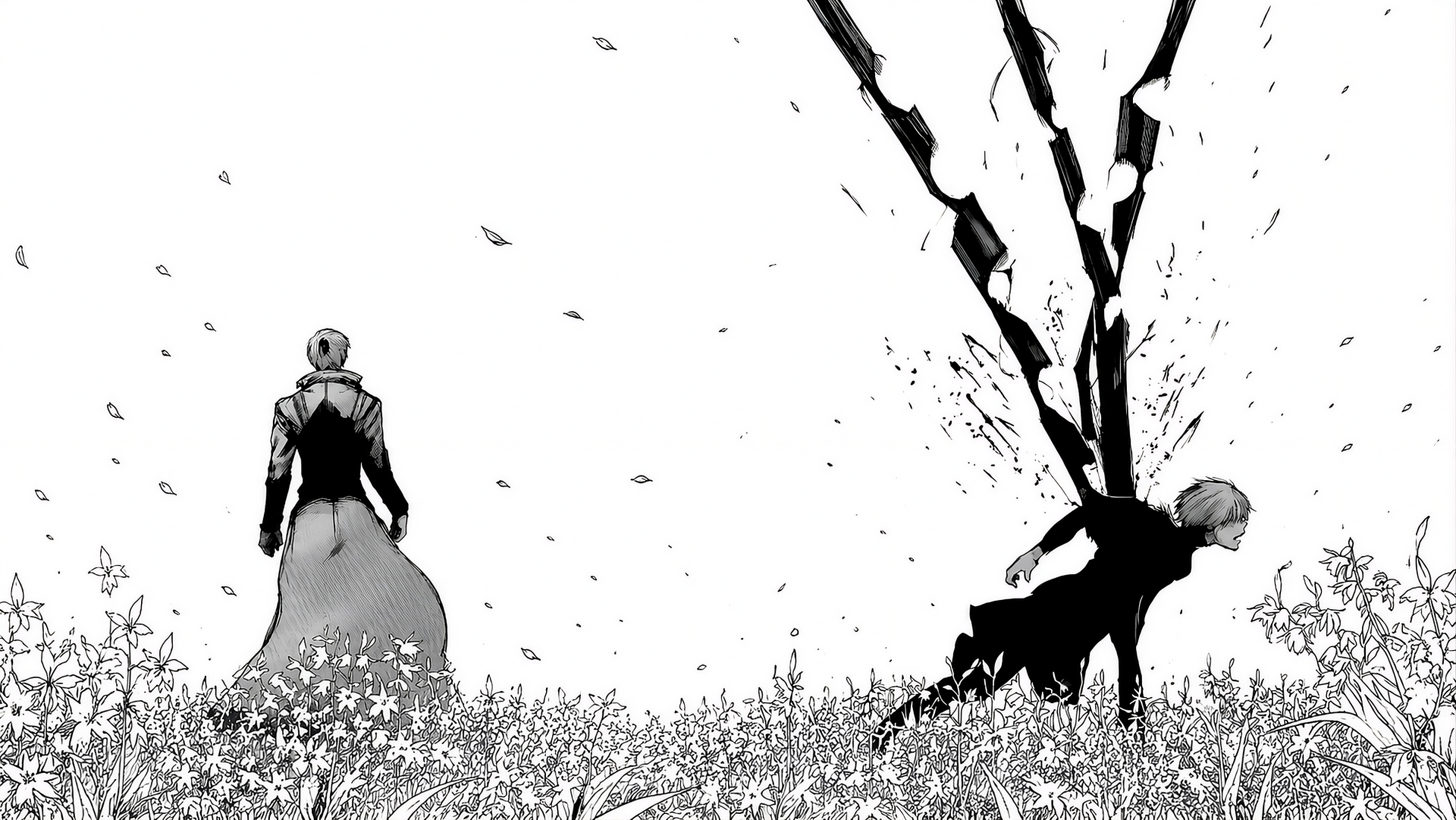 Tokyo Ghoul 2K Quad HD desktop wallpaper — black-and-white manga scene: two figures in a flower-strewn field, one standing while another is dragged by a jagged, ink-like appendage.