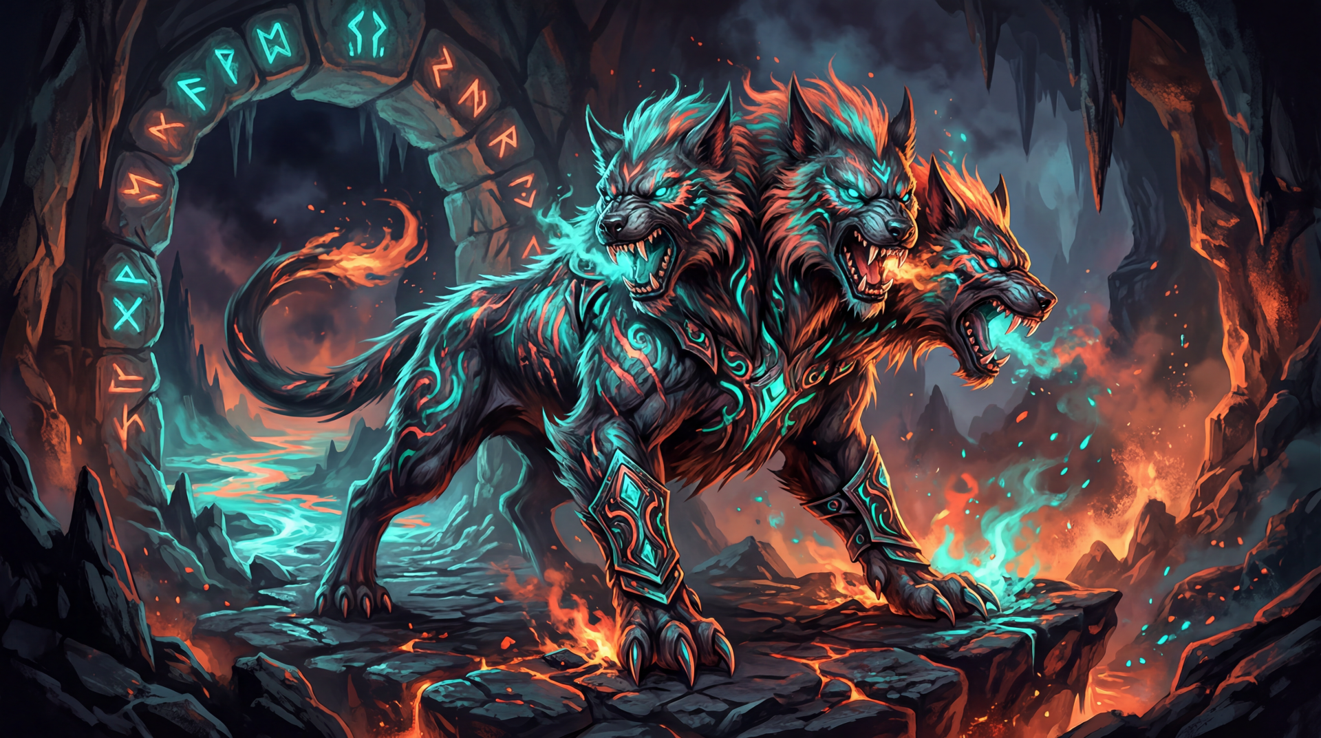 Three-headed Cerberus with fiery and turquoise glows on volcanic rocks in a cavern — 5K Ultra HD PC desktop wallpaper/background.