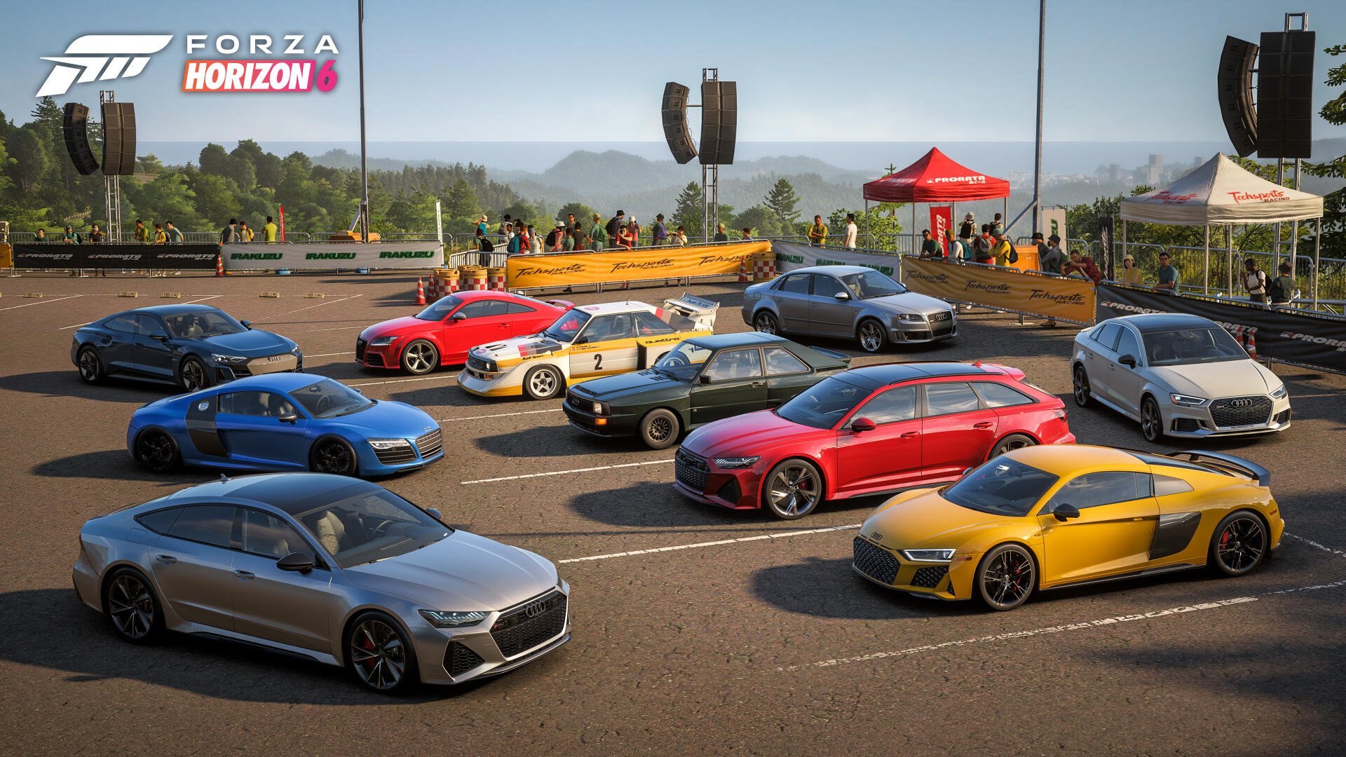 Forza Horizon 6 video game 4K Ultra HD PC desktop wallpaper: colorful lineup of sports cars parked in a festival paddock with tents, crowds and scenic hills under a clear sky.