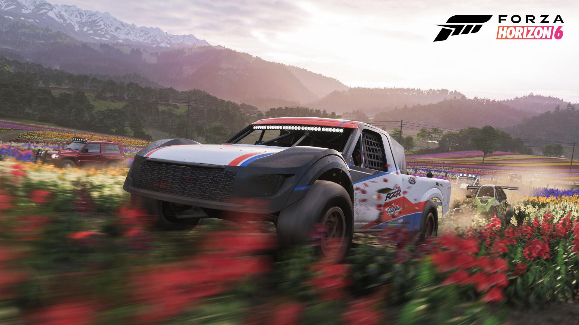 Forza Horizon 6 video game 4K Ultra HD PC desktop wallpaper/background: off-road racing truck charging through a flower-filled meadow toward mountains under a glowing sunrise.