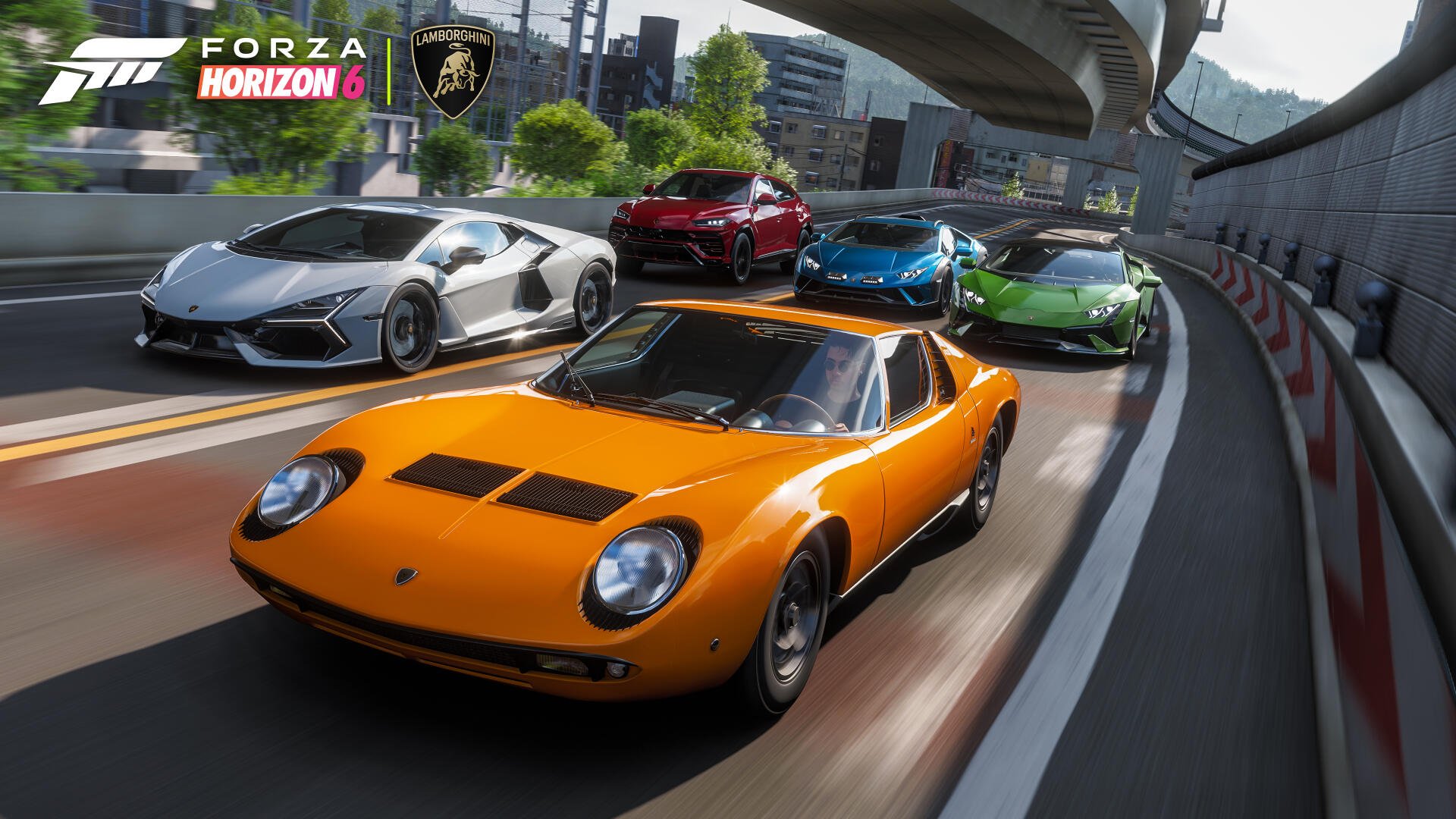 Forza Horizon 6 4K Ultra HD PC desktop wallpaper and background: an orange classic sports car leads a pack of exotic supercars racing on a sunlit urban circuit.