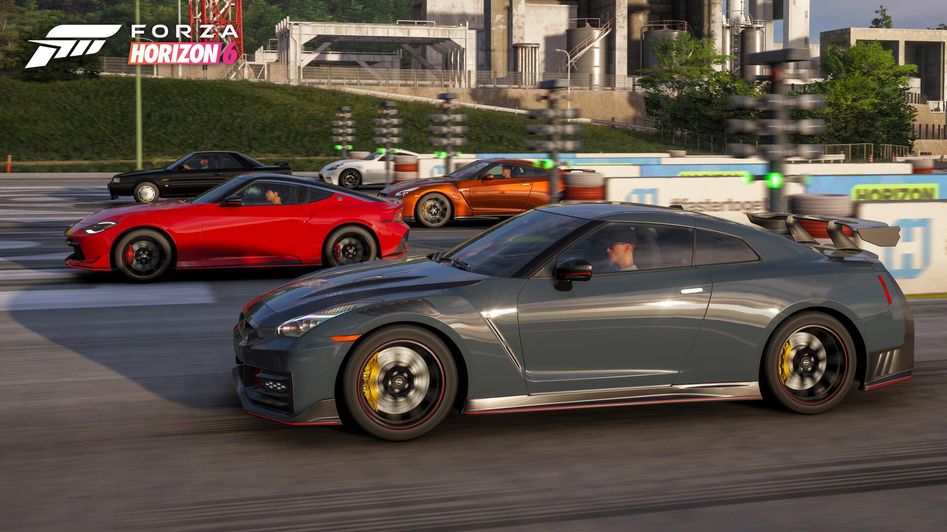 Forza Horizon 6 video game 4K Ultra HD PC desktop wallpaper/background showing a gray sports car racing alongside red and orange cars on a sunlit racetrack.