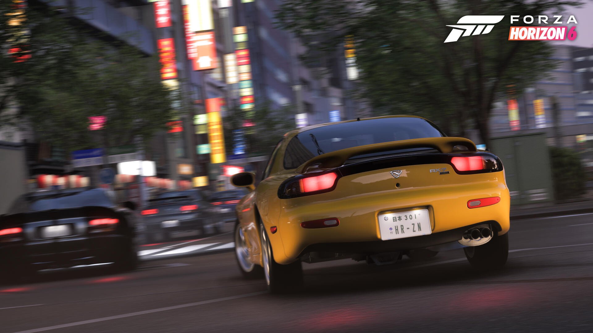 Forza Horizon 6 4K Ultra HD PC wallpaper: yellow sports car drifting through neon-lit city streets at night, motion blur and other cars, game logo visible in the top-right.