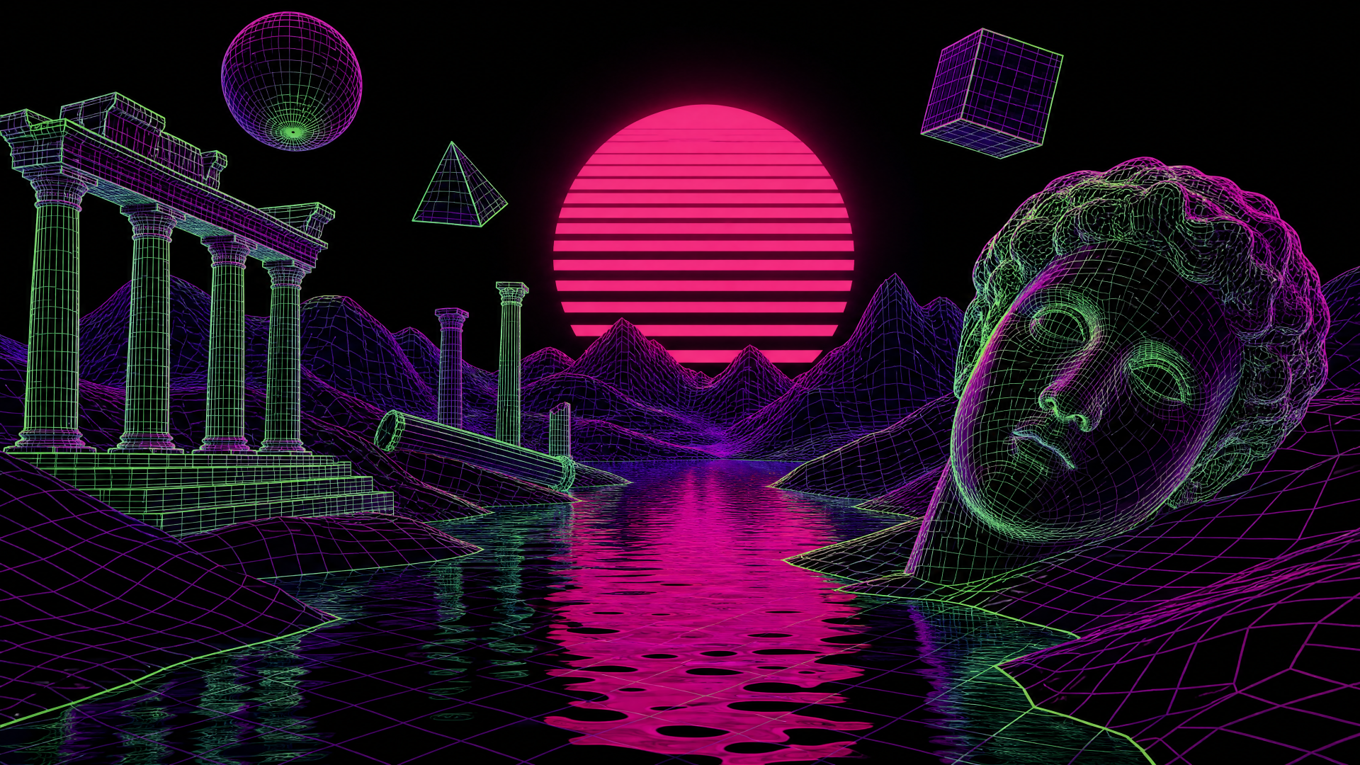 Acidwave 4K Ultra HD PC desktop wallpaper and background: neon wireframe ruins, classical bust, floating geometric shapes and a magenta striped sun reflected on grid water.