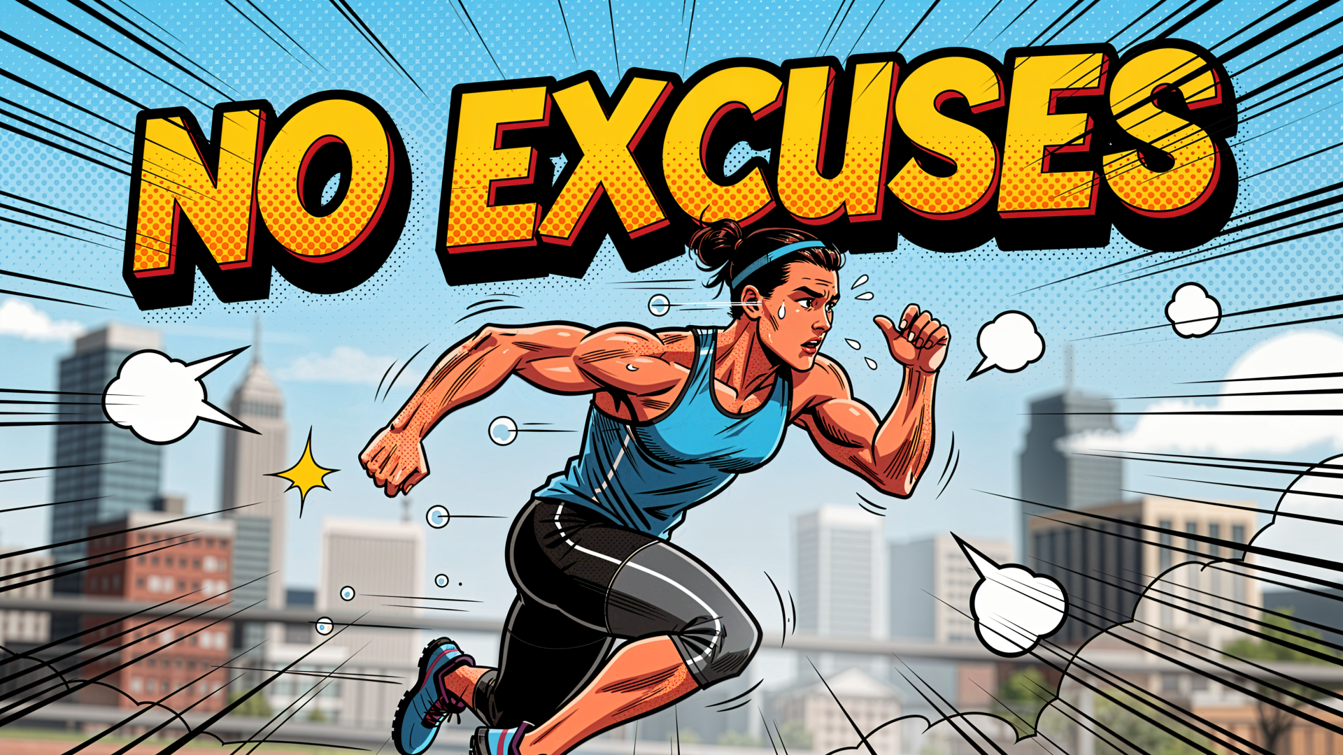 Comic-style 4K Ultra HD PC desktop wallpaper of a determined runner sprinting through a cityscape beneath a bold yellow-and-red NO EXCUSES headline.