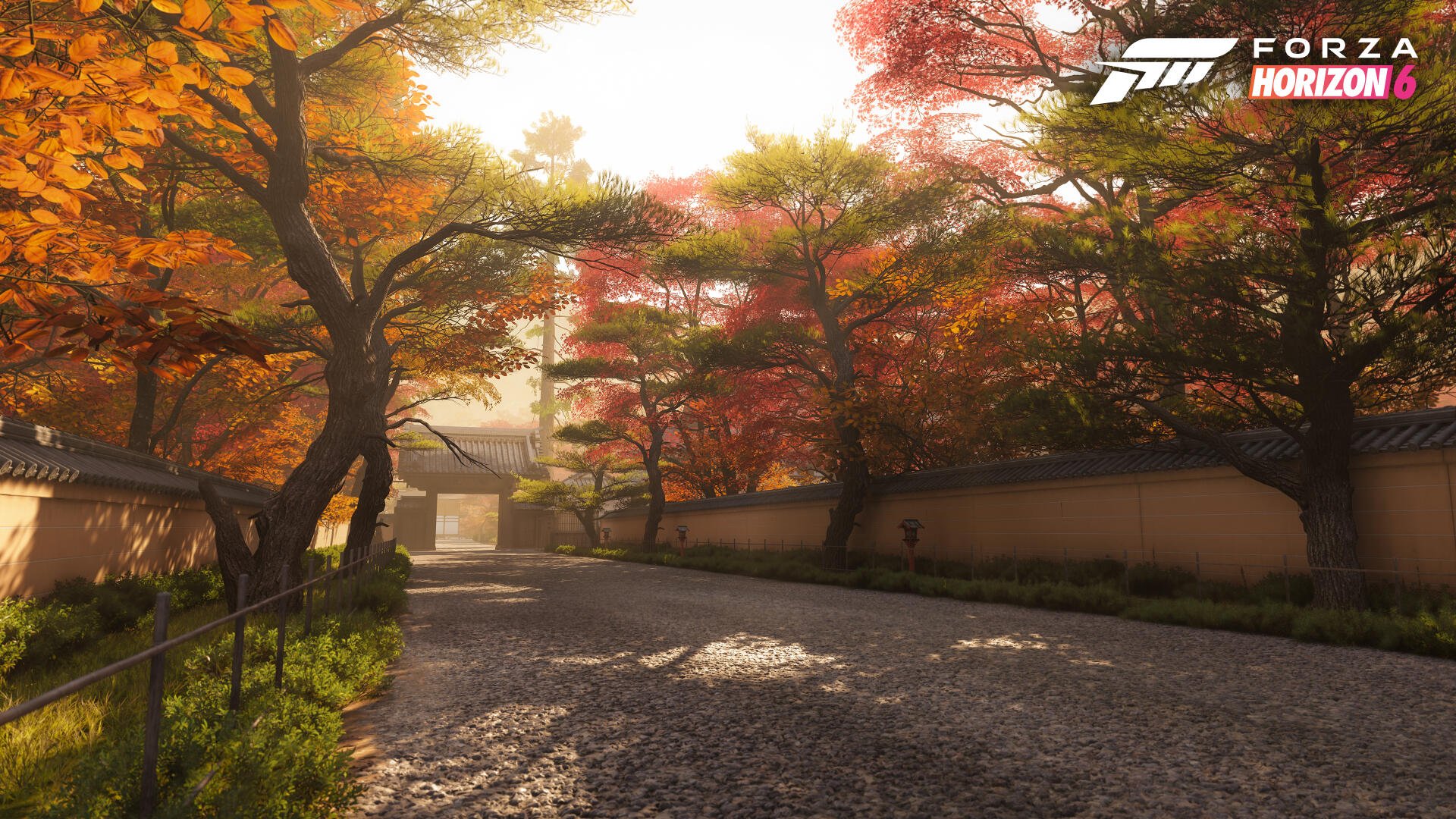 Forza Horizon 6 video game 4K Ultra HD PC desktop wallpaper: sunlit autumn avenue flanked by colorful maple trees, stone wall and a traditional gateway bathed in golden light.