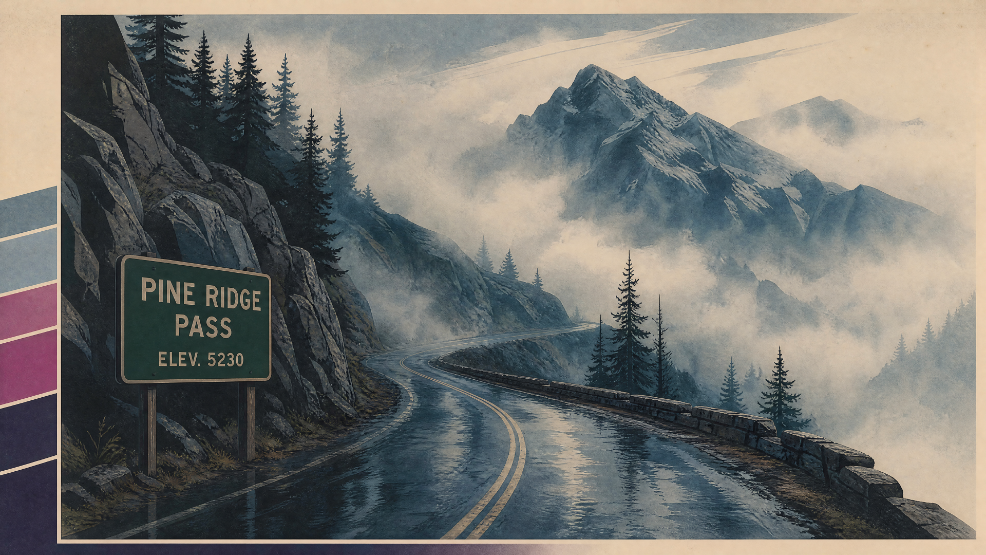 Foggy mountain pass with Pine Ridge Pass sign, wet winding road through misty pines toward a distant peak — 4K Ultra HD PC desktop wallpaper/background.