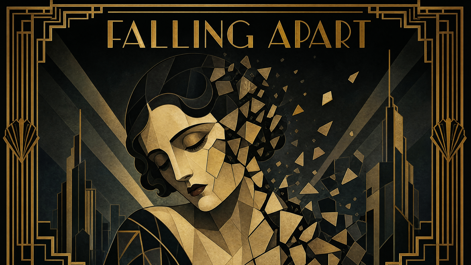 Art Deco portrait titled Falling Apart of a woman's face fracturing into geometric shards against a stylized cityscape — 4K Ultra HD PC desktop wallpaper/background.