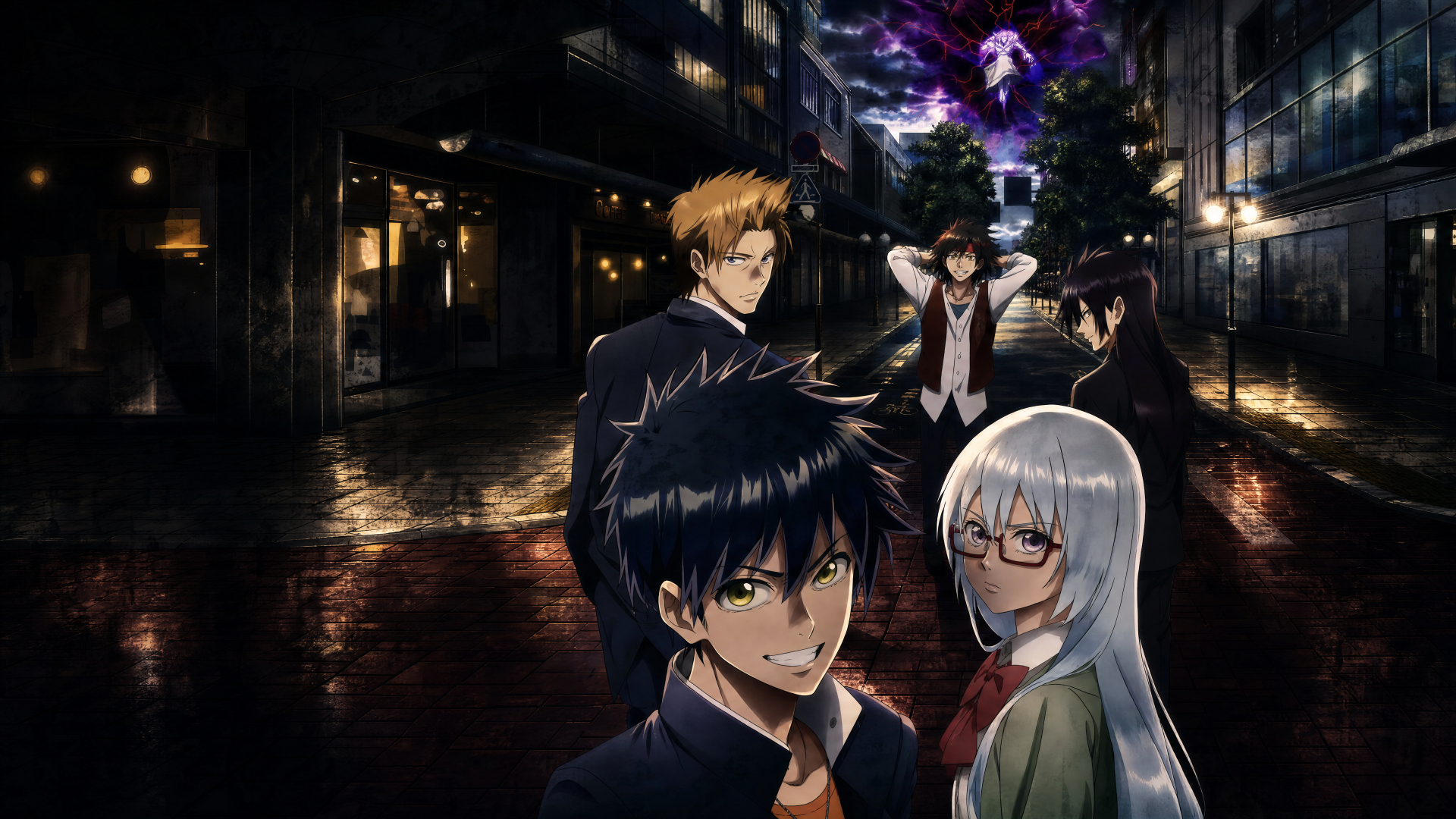 Psyren (Anime) 4K Ultra HD PC desktop wallpaper: characters on a wet city street at night — black‑haired teen front and center, silver‑haired girl with glasses, purple energy looming.