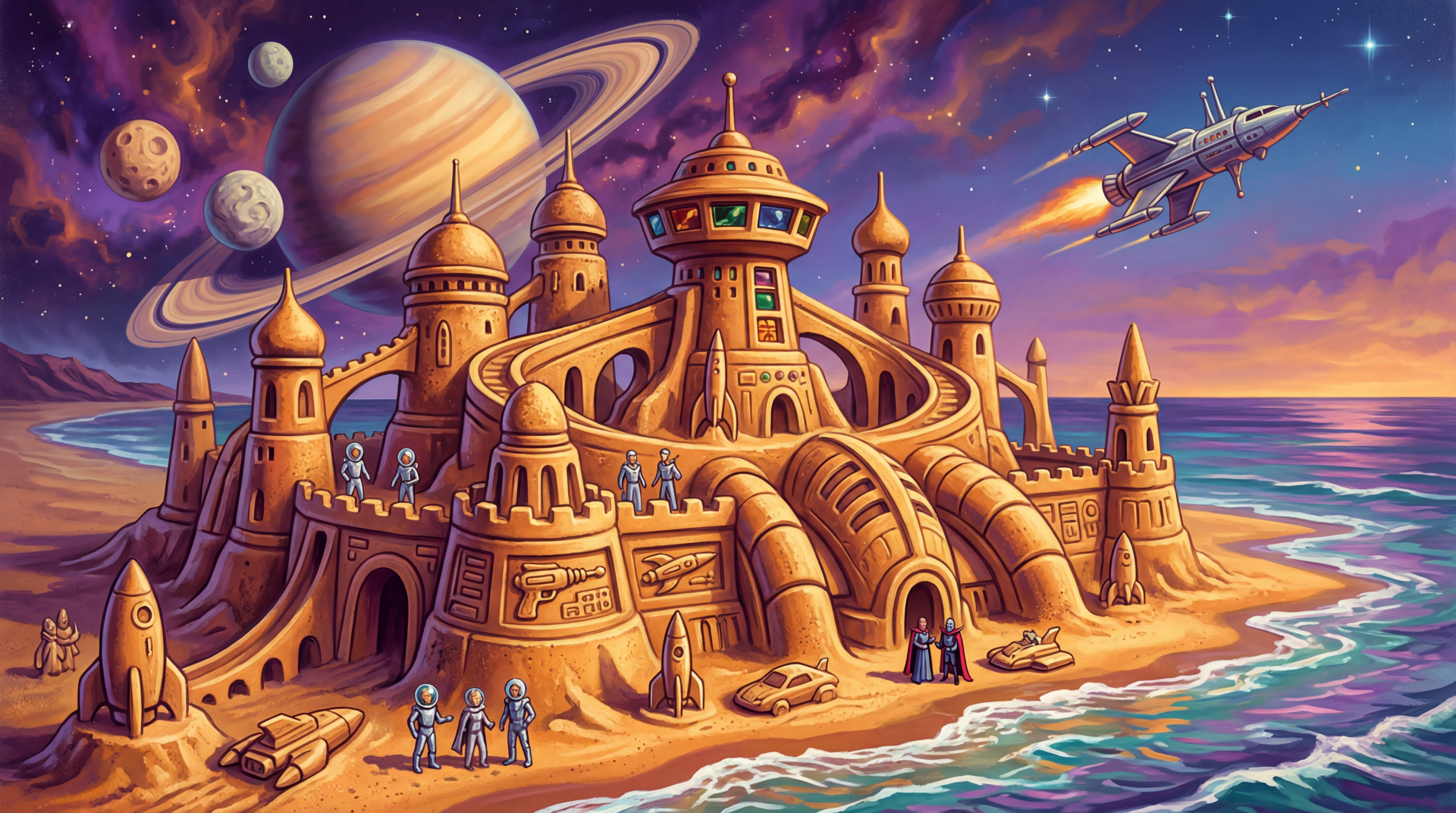 5K Ultra HD PC Desktop Wallpaper and Background: ornate fantasy sandcastle on a sunlit beach with domed towers, carved arches, distant planets and a sleek spaceship streaking across a colorful sky.