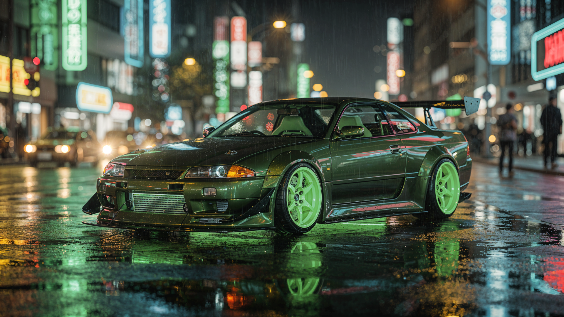 4K Ultra HD PC desktop wallpaper and background: JDM dark-green sports coupe with neon-green rims parked on a wet, neon-lit city street at night.