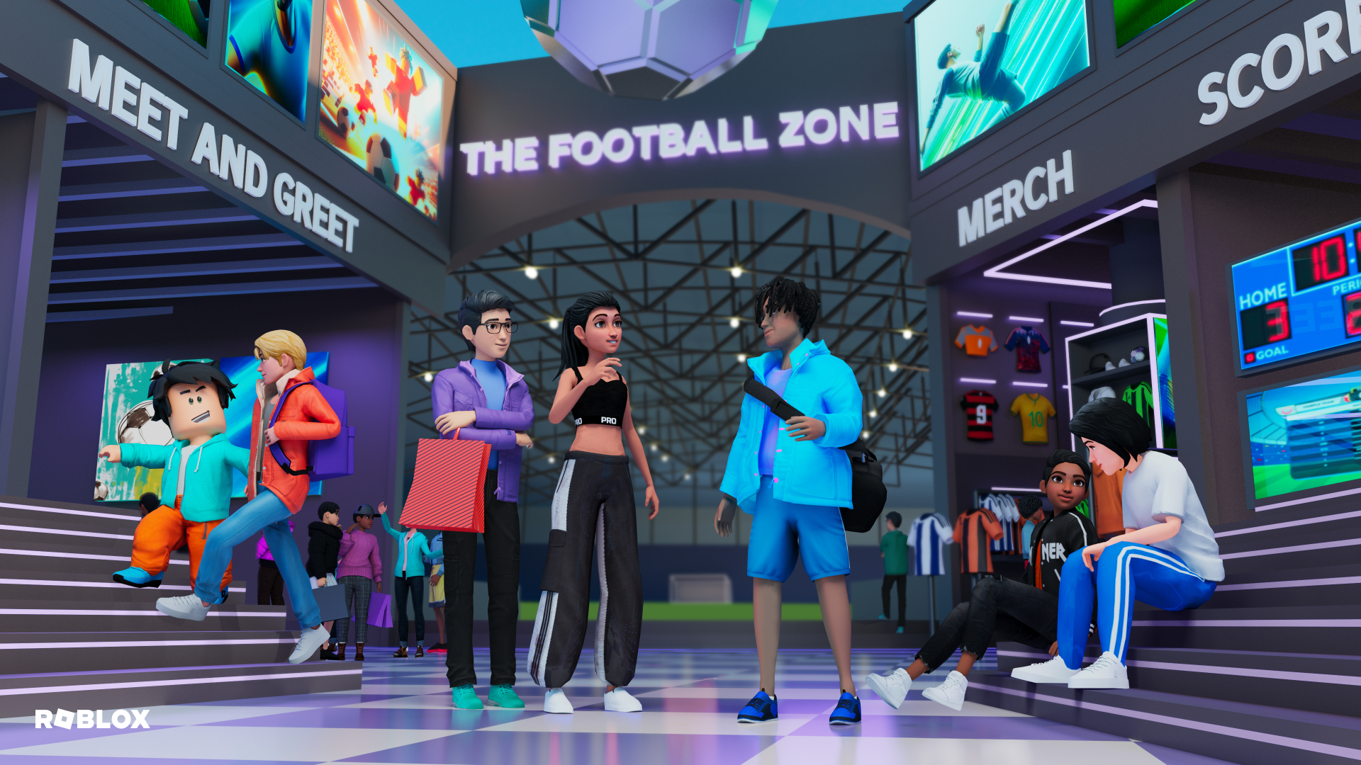 Vibrant Roblox scene of avatars in a neon-lit arcade mall at 'The Football Zone', with merch booths and screens — 4K Ultra HD PC desktop wallpaper and background.