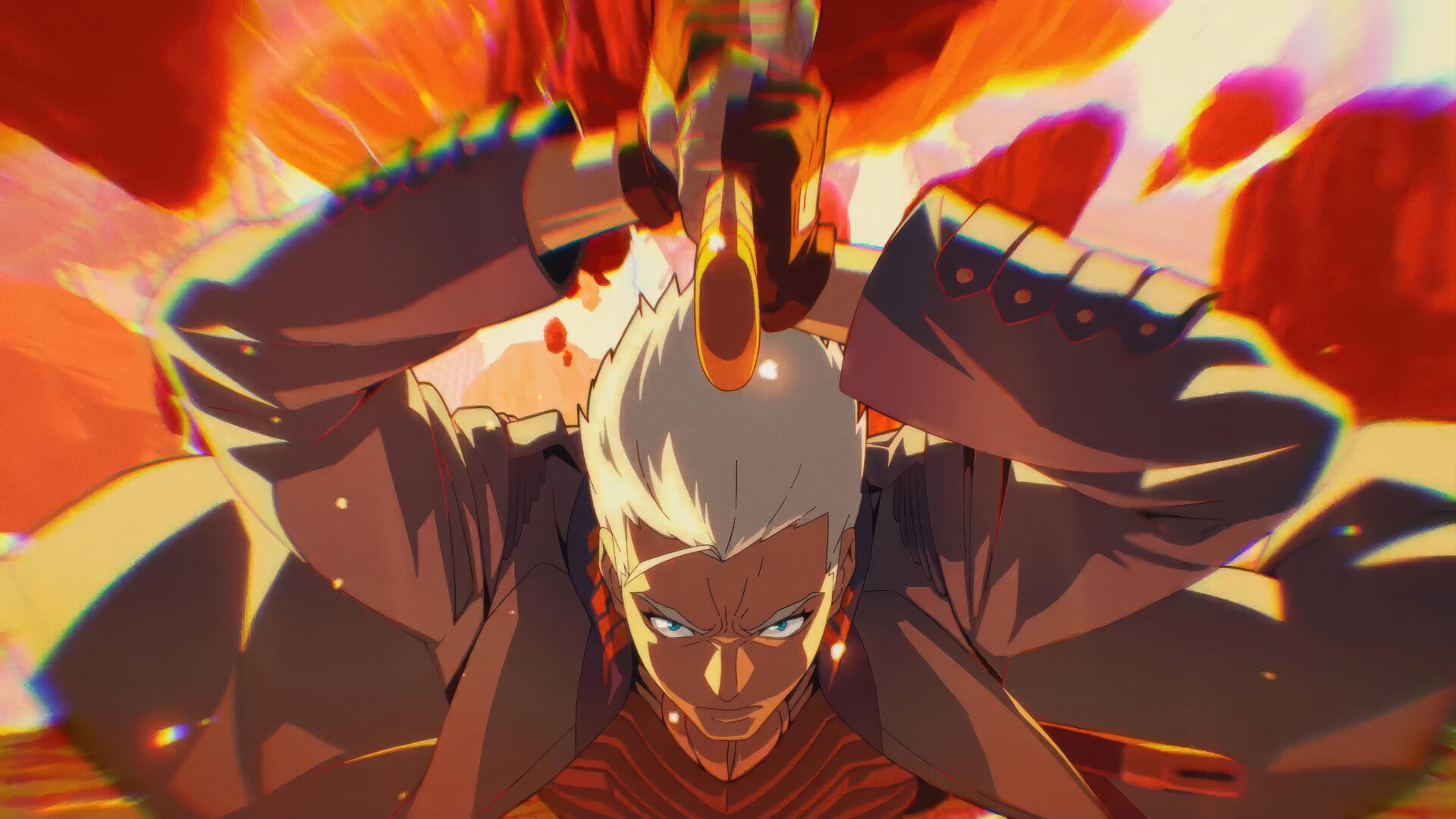 Devil May Cry (2025) 4K Ultra HD PC wallpaper: white-haired demon hunter hoists a blazing sword overhead, fierce glare, red-orange inferno background and dynamic anime-style action.