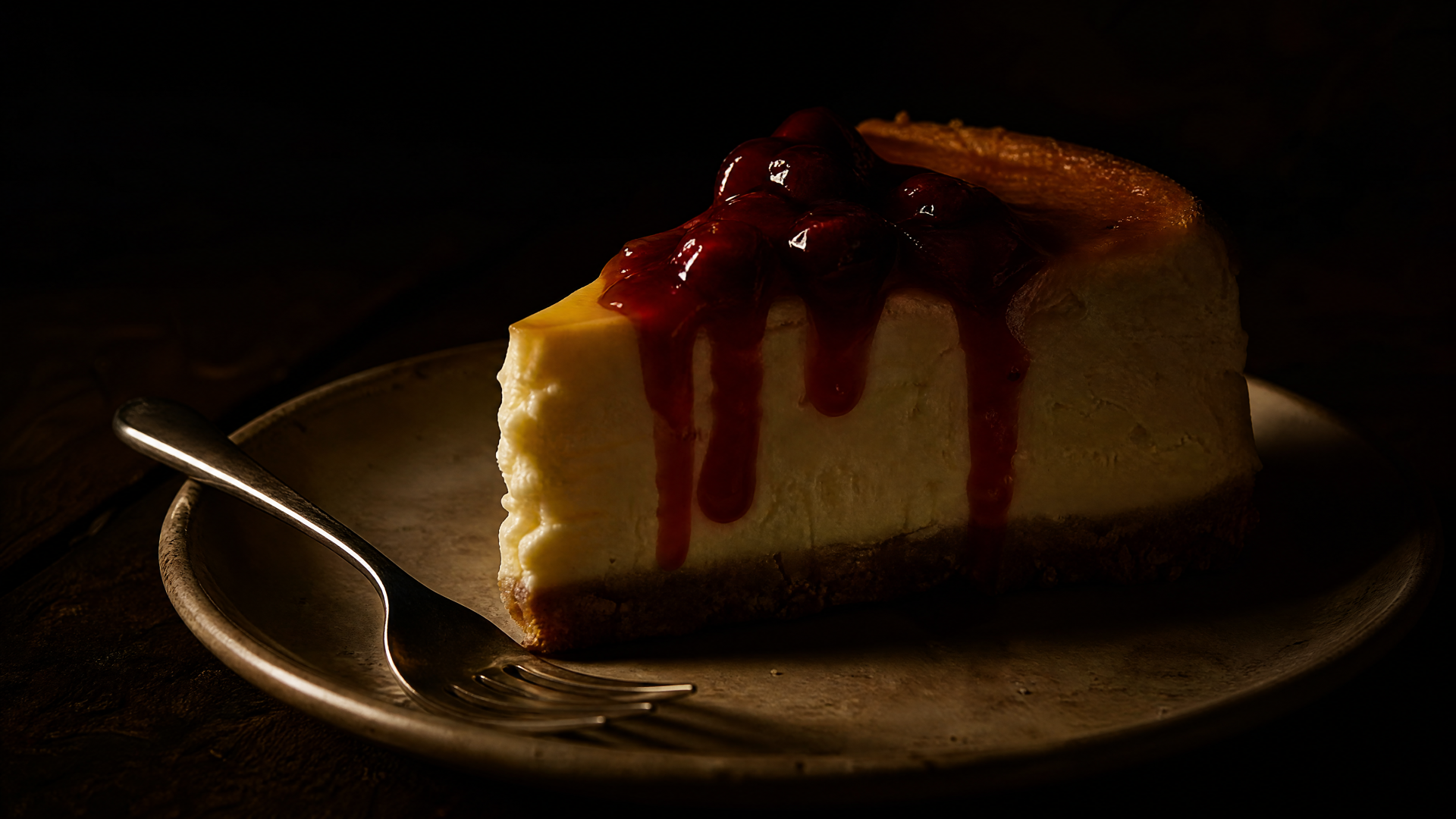 Cherry-topped cheesecake slice on a plate with a fork in low light, rich texture and deep shadows — 4K Ultra HD PC desktop wallpaper and background.