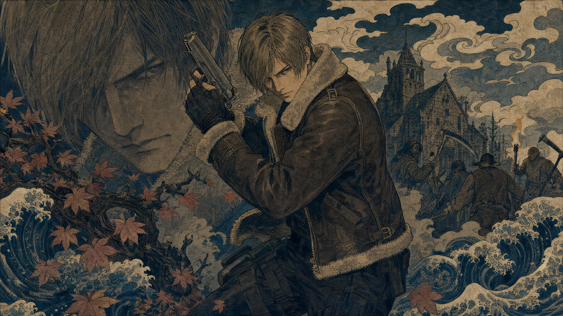 Resident Evil 4 4K Ultra HD PC desktop wallpaper: Leon S. Kennedy in a fur-lined jacket aims a pistol against a stylized village backdrop with crashing waves and floral motifs.