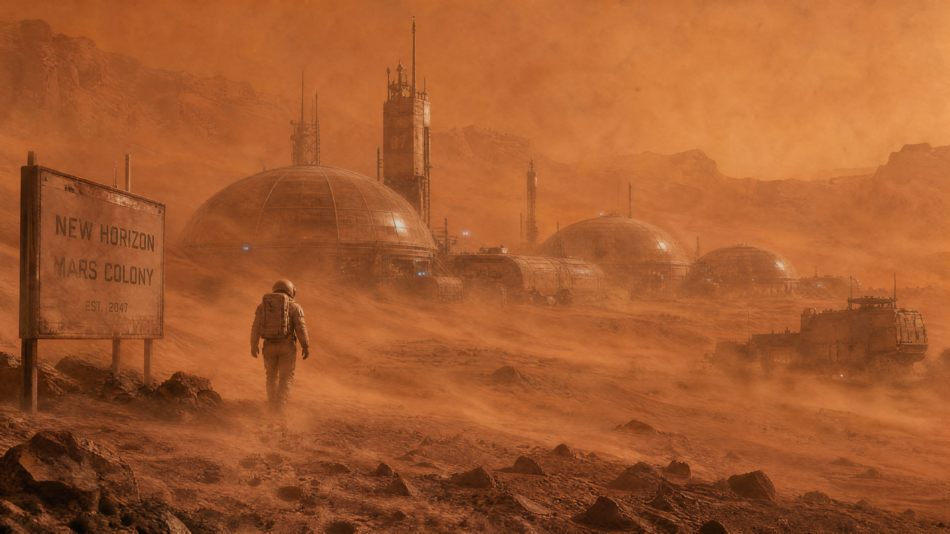 4K Ultra HD PC desktop wallpaper and background showing a futuristic Mars colony: domed habitats, solar arrays and rovers spread across a red rocky plain beneath a vast, starry sky.