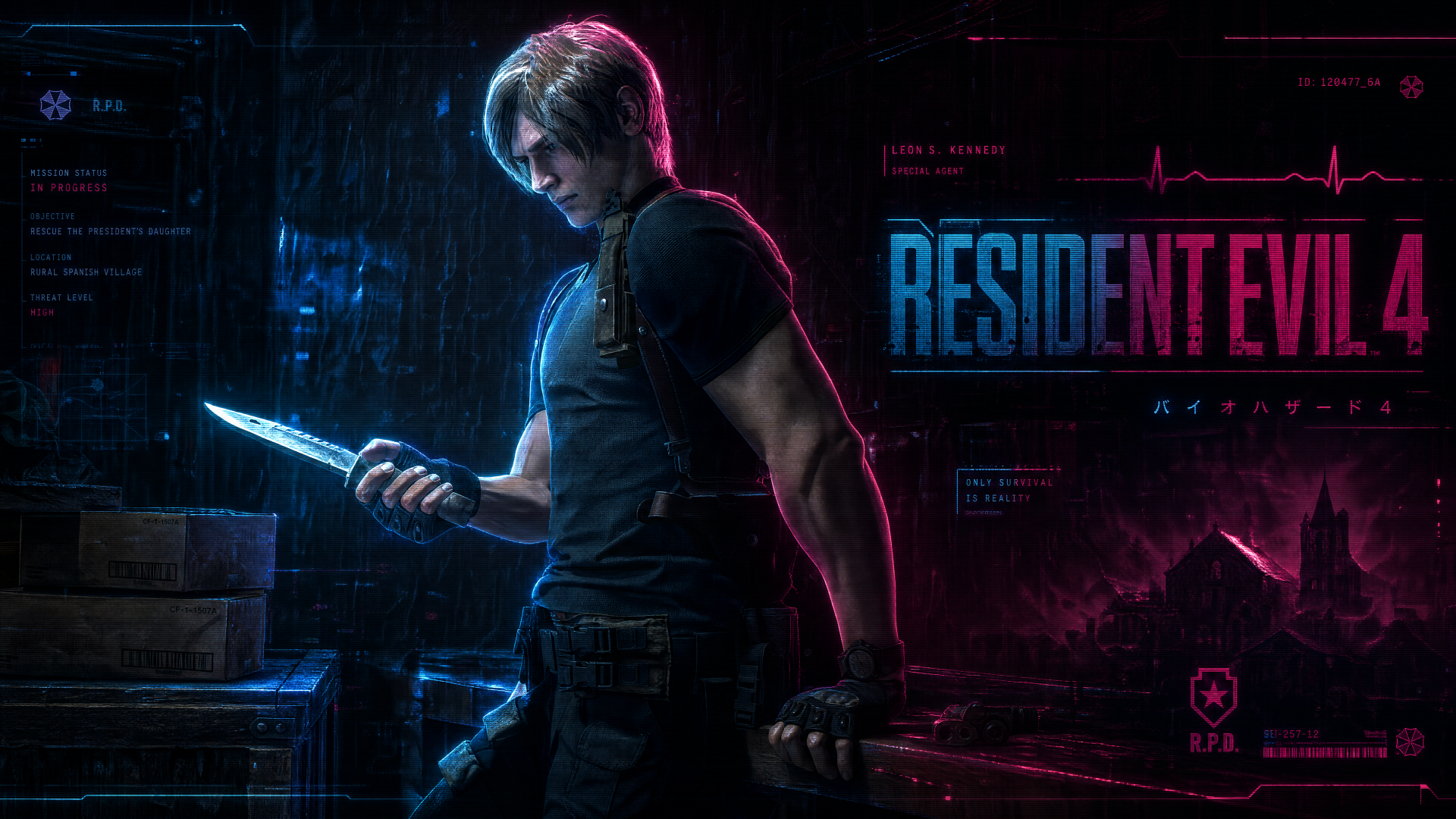 Resident Evil 4 4K Ultra HD PC desktop wallpaper and background: Leon S. Kennedy aiming a handgun in a foggy, dilapidated village with dramatic lighting and high-detail textures.