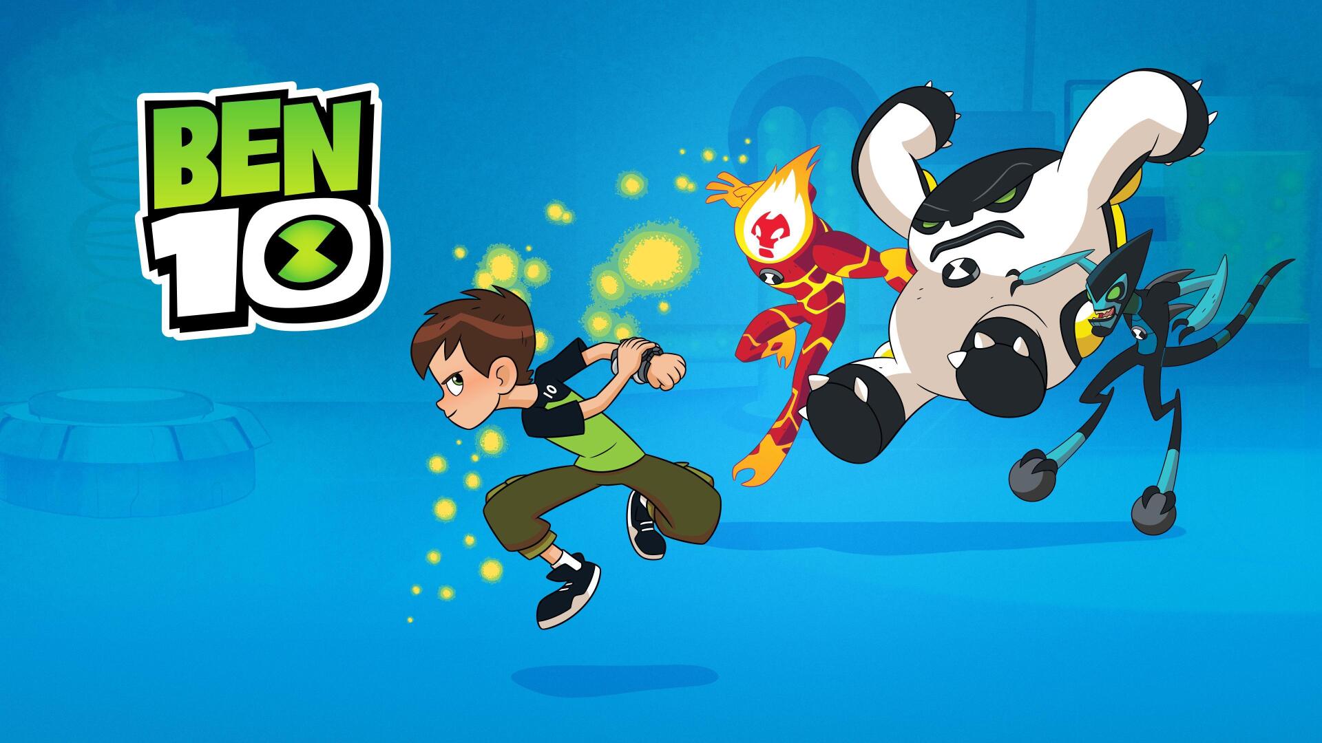 Ben 10 TV show 4K Ultra HD PC desktop wallpaper: Ben Tennyson running on a bright blue background with three alien forms and sparkling energy effects.