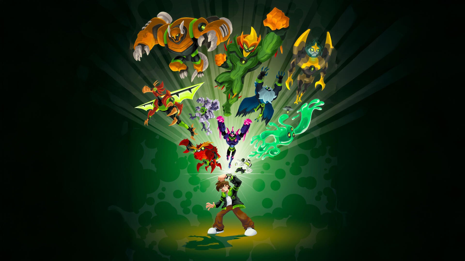 Ben 10 TV show 5K Ultra HD PC wallpaper: Ben Tennyson activates the Omnitrix while multiple alien forms burst outward over a glowing green background.