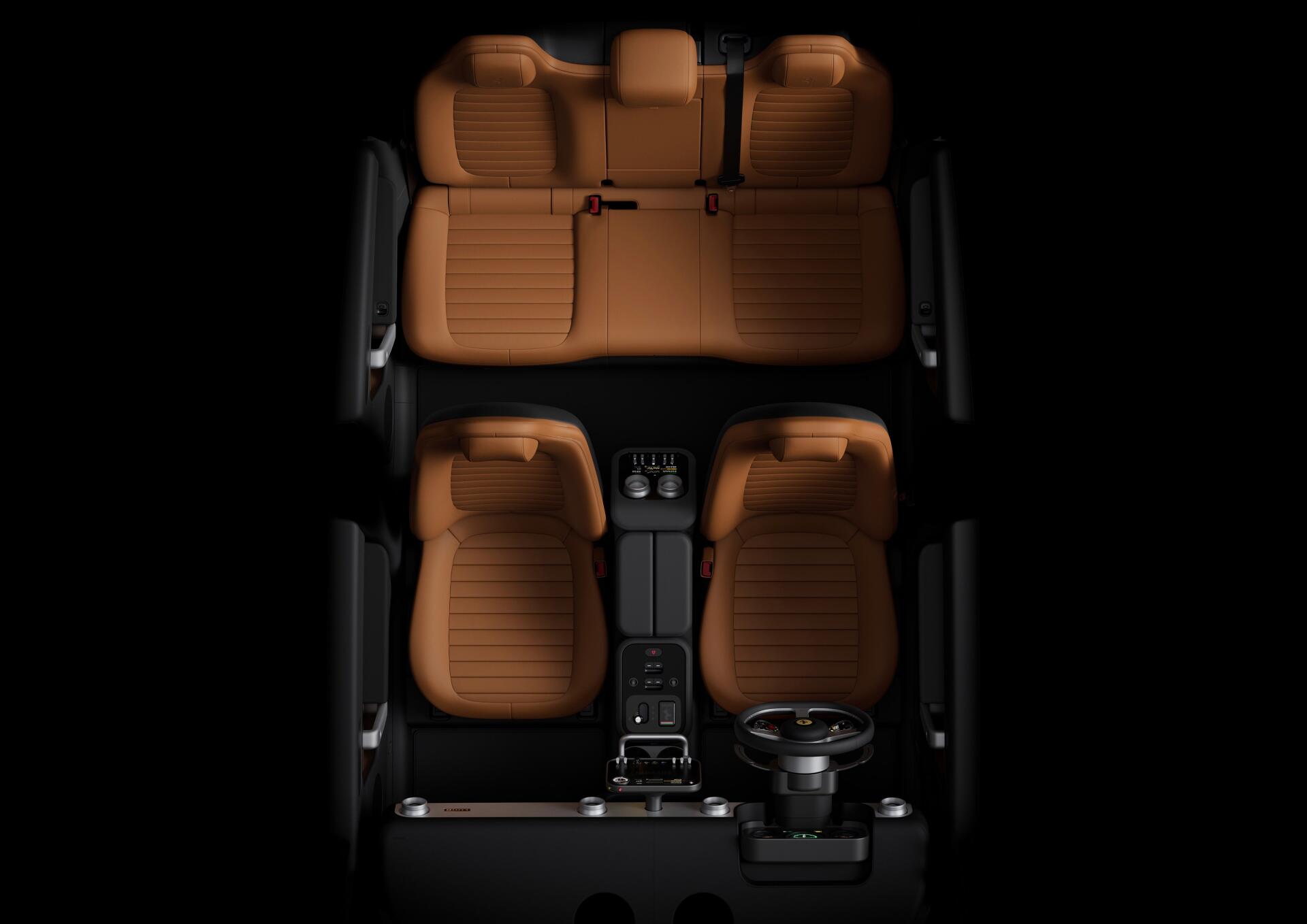 Top-down view of a Ferrari Luce interior with tan leather seats, center console and steering wheel — 4K Ultra HD PC desktop wallpaper and background.