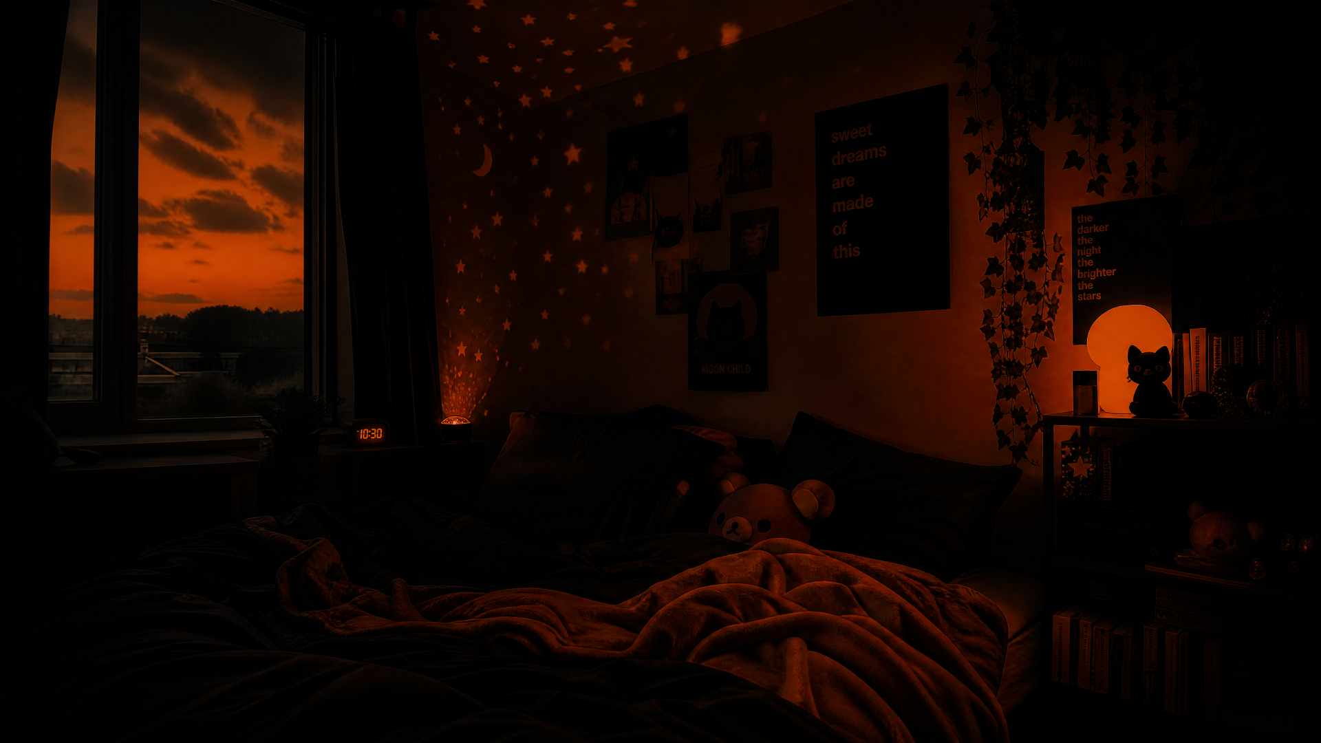 Sleepcore 4K Ultra HD PC Desktop Wallpaper & Background: dim bedroom in orange sunset glow, starry projector specks on walls, rumpled bed and posters creating a cozy nocturnal mood.