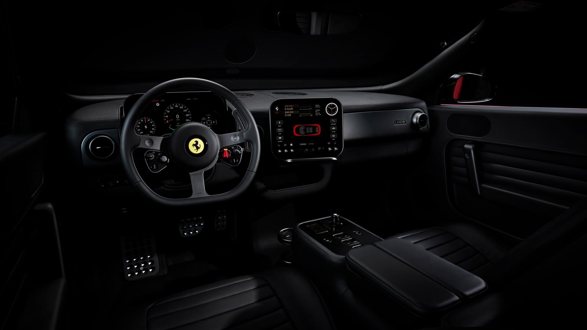 4K Ultra HD PC desktop wallpaper: dark Ferrari Luce interior—steering wheel with prancing horse emblem, dashboard, center console and pedals.