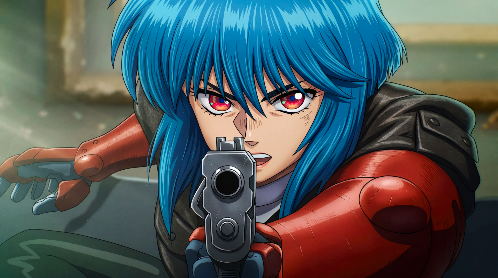 The Ghost In The Shell 2026 5K Ultra HD PC wallpaper: Motoko Kusanagi—retro anime waifu with blue hair and red cyber-suit aiming a pistol in a tense close-up.