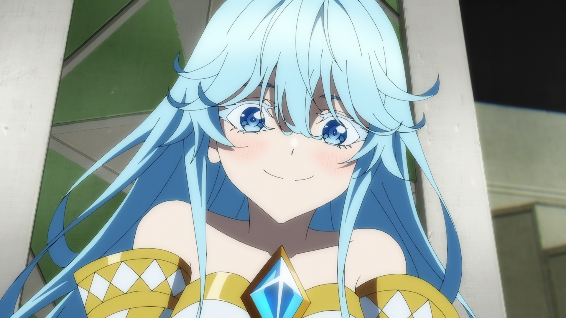 HD PC desktop wallpaper of Elfaria Alvis Serholt from the anime Wistoria: Wand and Sword — smiling blue‑haired elf in an ornate yellow outfit with a glowing blue gem.