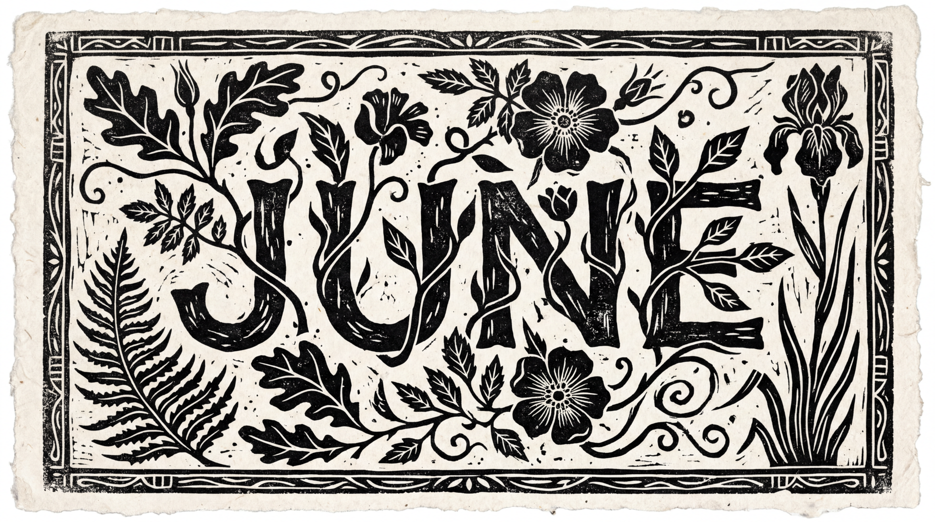 Vintage black-and-white woodcut reading JUNE framed by ferns, flowers and ornate border — 5K Ultra HD PC desktop wallpaper/background.