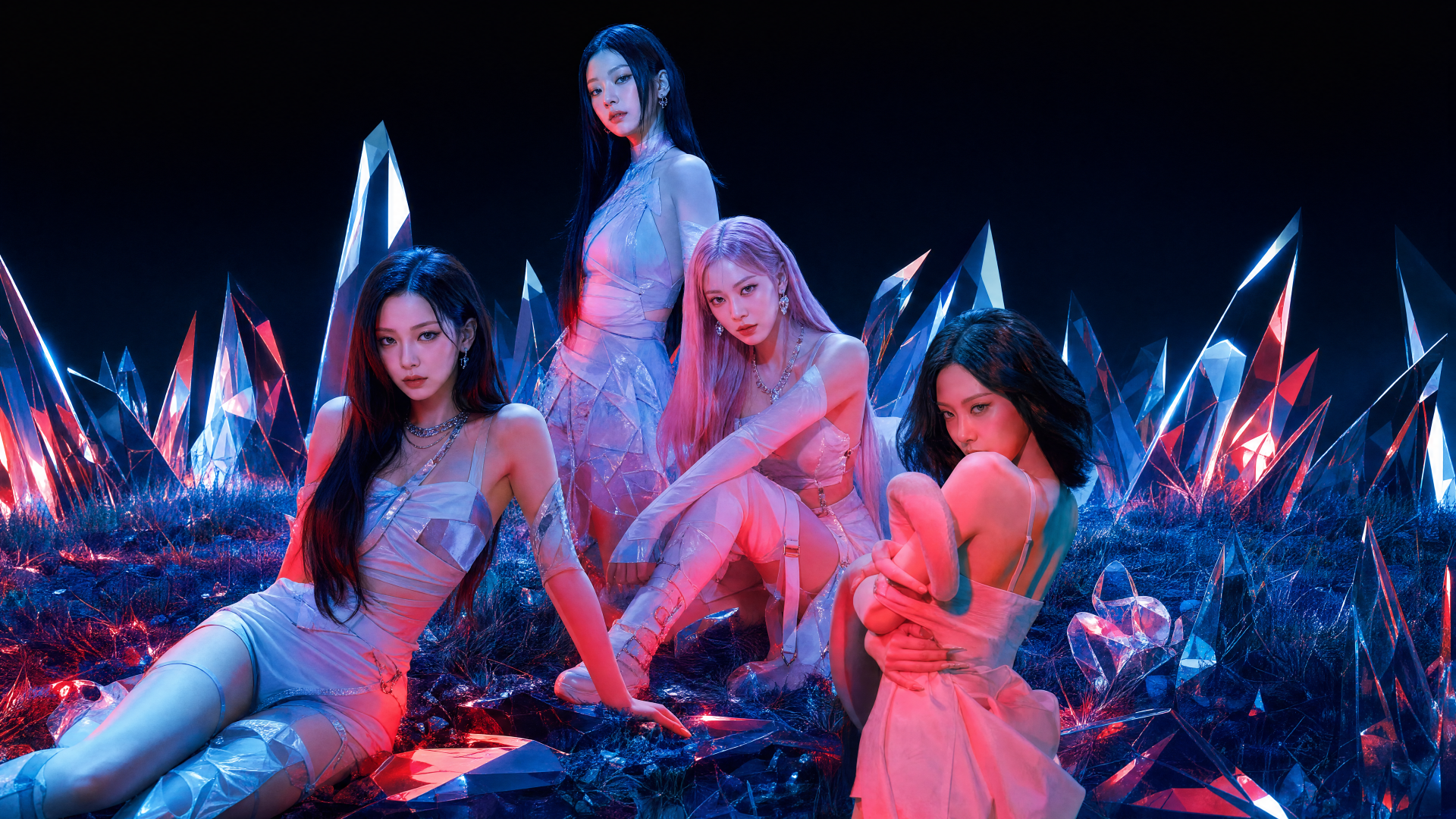 4K Ultra HD PC desktop wallpaper of four female K-pop performers posed among glowing crystalline formations, bathed in neon blue and magenta light.