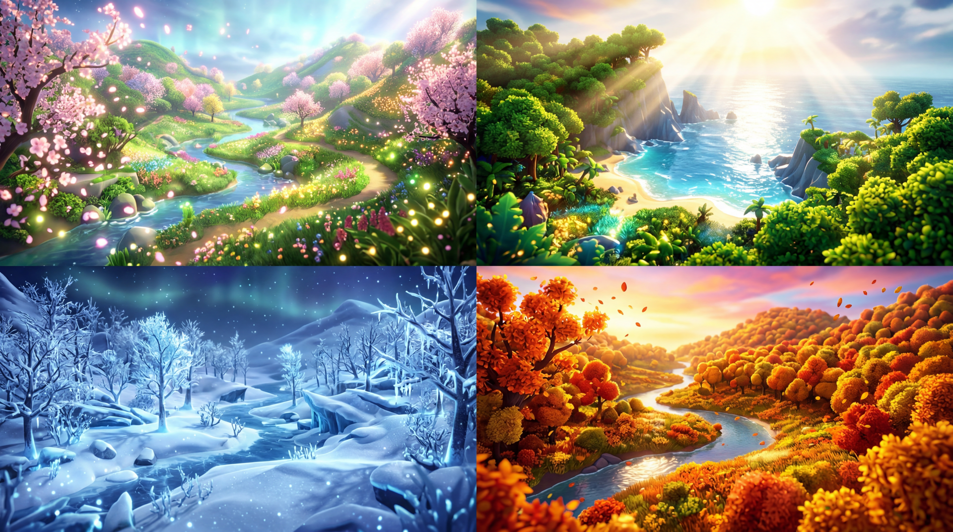 Vibrant 5K Ultra HD PC desktop wallpaper and background showing a four-season panorama — blossoming spring, sunlit summer coast, snowy winter forest, and golden autumn valley in quadrant layout.