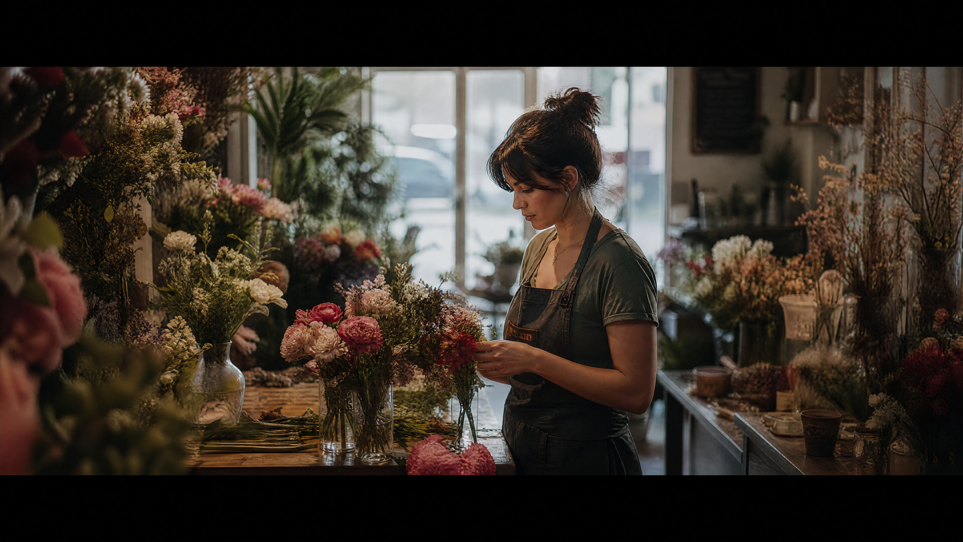 4K Ultra HD PC desktop wallpaper and background: cozy flower shop interior with a florist arranging blooms at a workbench, soft natural light through the front windows.