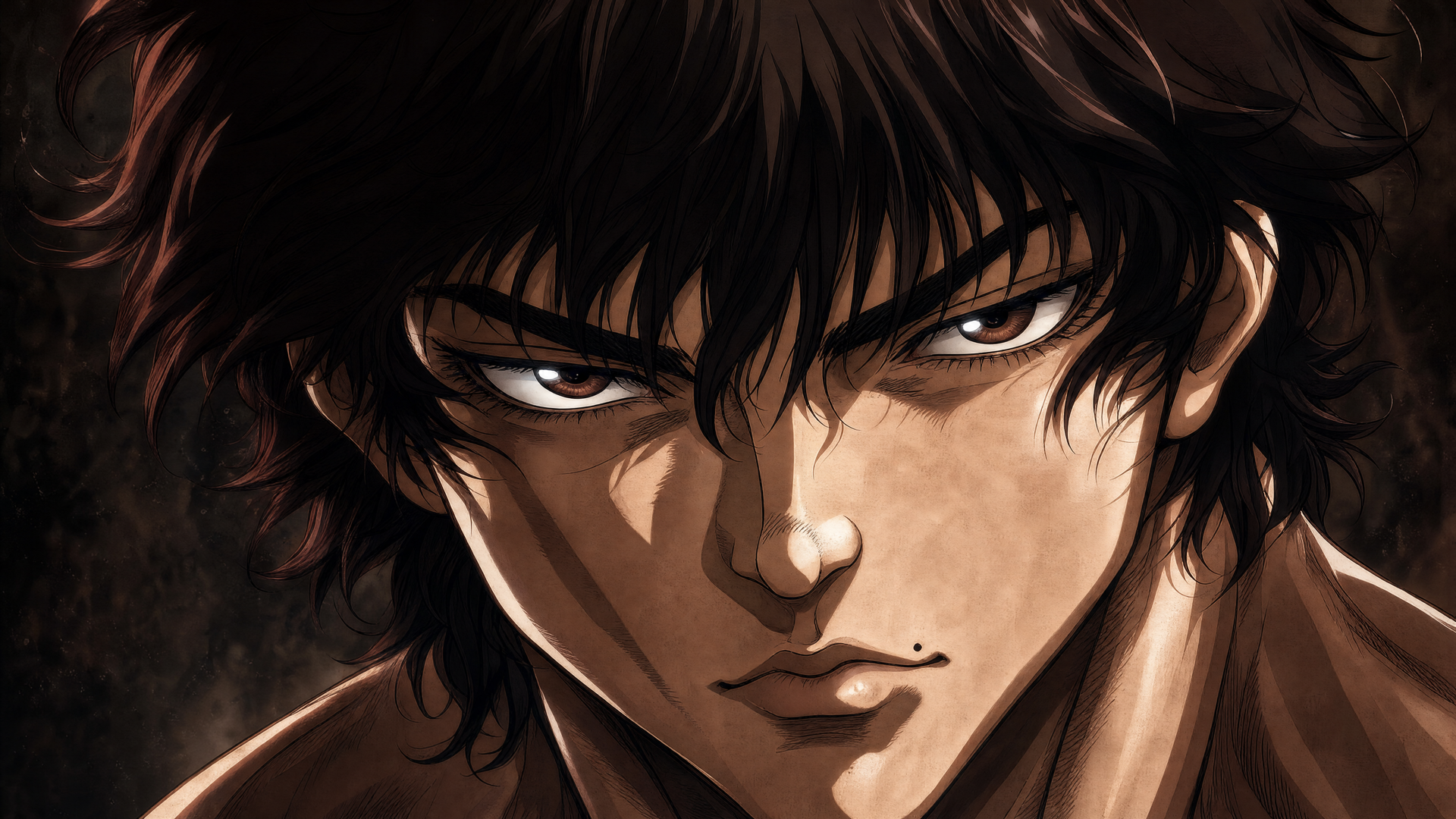 Close-up of Baki Hanma from the anime, intense glare and tousled hair in dramatic shadow — 4K Ultra HD PC desktop wallpaper and background.