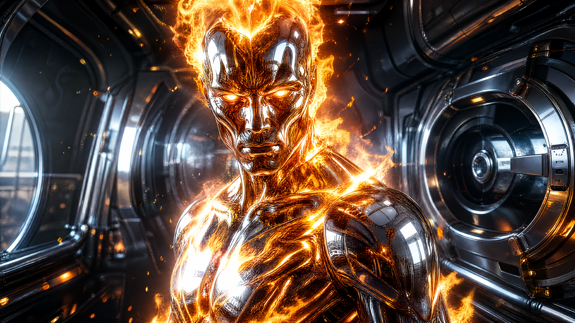 4K Ultra HD PC desktop wallpaper showing a metallic fire elemental — a humanoid wreathed in molten flames inside a sleek futuristic engine room.