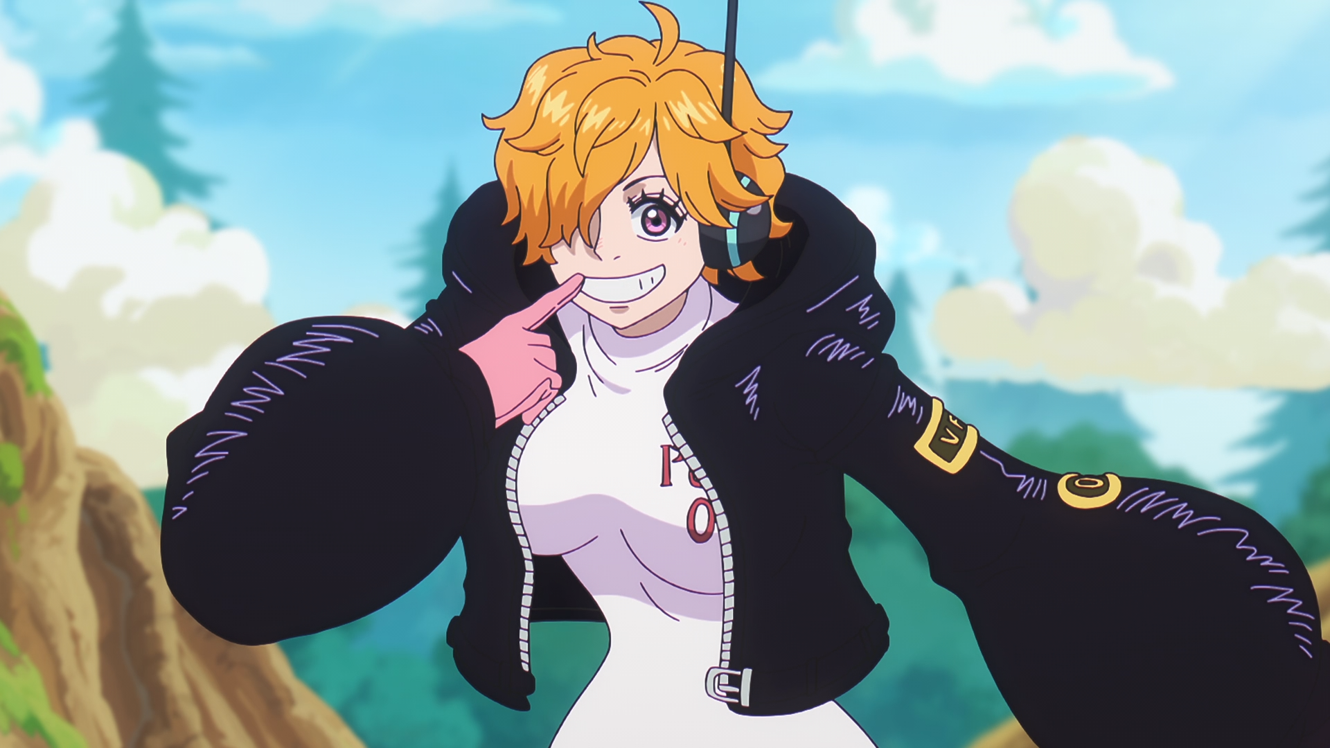 Anime One Piece HD PC desktop wallpaper of Lilith (One Piece): smiling short-blonde woman in a black fur jacket over a white top, with a bright sky and cliffs background.