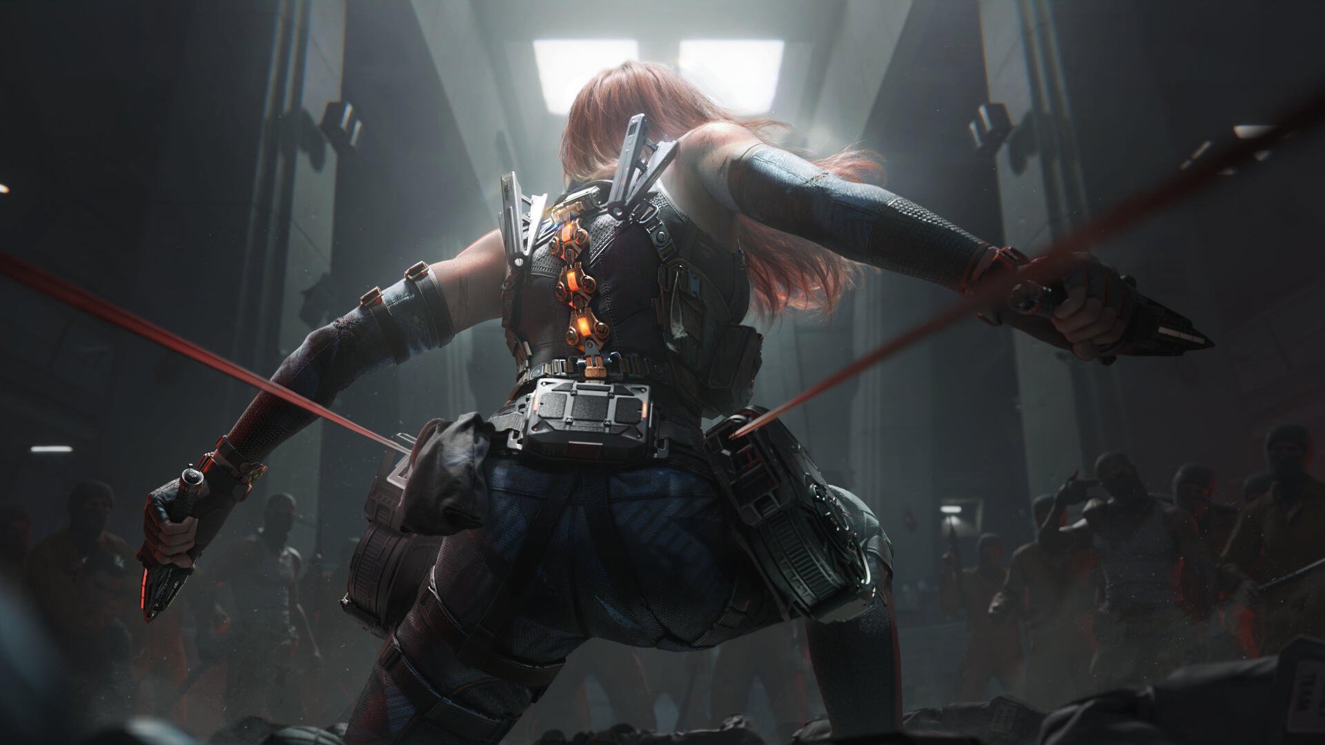 4K Ultra HD PC desktop wallpaper: Delta Force video game operative in tactical gear, dual weapons drawn, descending into a dim, backlit military hangar.