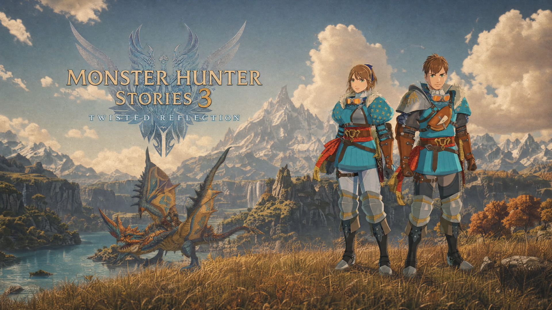 Monster Hunter Stories 3: Twisted Reflection video game art showing two armored riders and a wyvern on a grassy ridge with mountains and clouds — 4K Ultra HD PC desktop wallpaper/background.