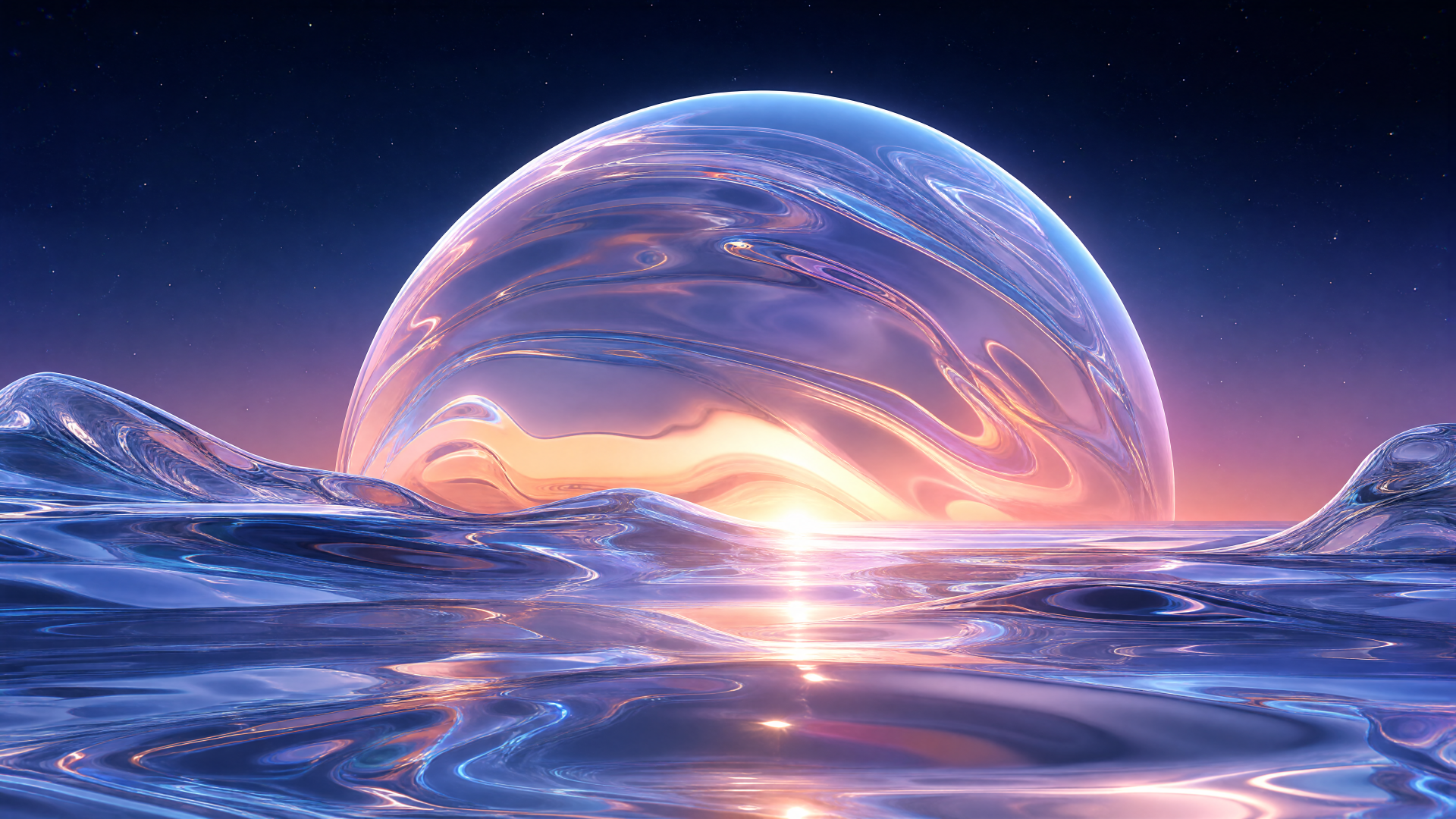 4K Ultra HD PC desktop wallpaper: glowing planet rise over a mirrored alien ocean, pastel skies and a radiant, shimmering horizon.