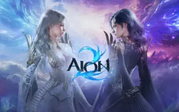 Aion 2 4K Ultra HD PC wallpaper: two video game girls face each other—one in white, one in dark armor—with ethereal wings and a glowing blue-purple cosmic backdrop and Aion 2 logo.