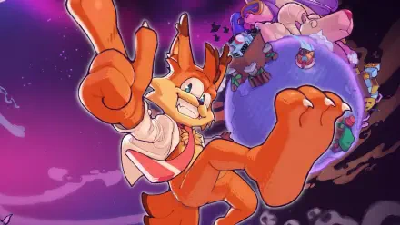 HD PC desktop wallpaper/background of video game Bubsy 4D: Bubsy leaps toward the viewer with a grin against a purple cosmic sky, distant planets and tiny cartoon enemies orbiting behind him.
