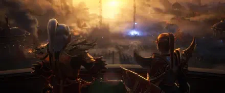 Video game HD PC wallpaper: World of Warcraft: Midnight — two armored figures survey a war-torn battlefield beneath a glowing midnight sky.