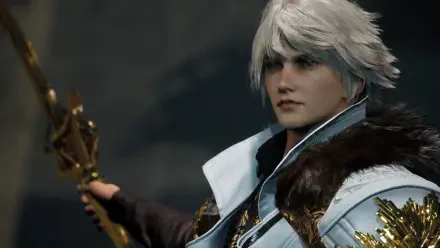 HD PC desktop wallpaper: white‑haired Lost Soul Aside character in ornate armor, holding a gilded weapon against a dark, blurred battlefield backdrop.