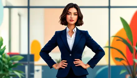Girl boss — 4K Ultra HD PC desktop wallpaper/background: confident young woman in navy suit stands with hands on hips in a bright, modern office setting.