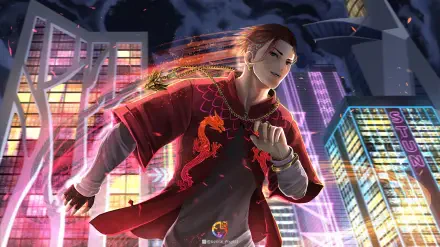 HD PC desktop wallpaper of Chou (Mobile Legends: Bang Bang): dynamic video game artwork of him in a red jacket performing a glowing martial-arts strike against a neon city background.